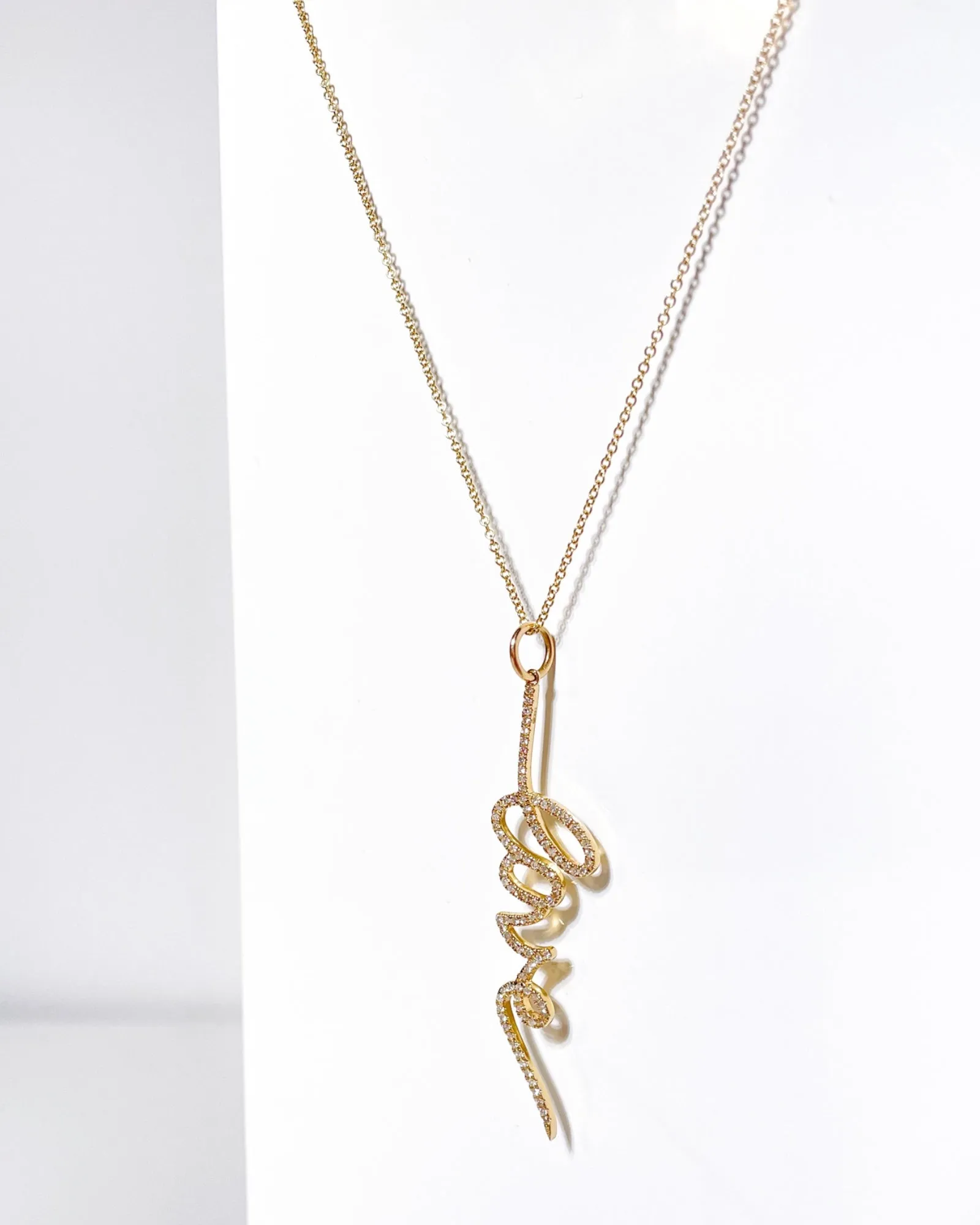 14K Gold Cursive Pave Love Necklace