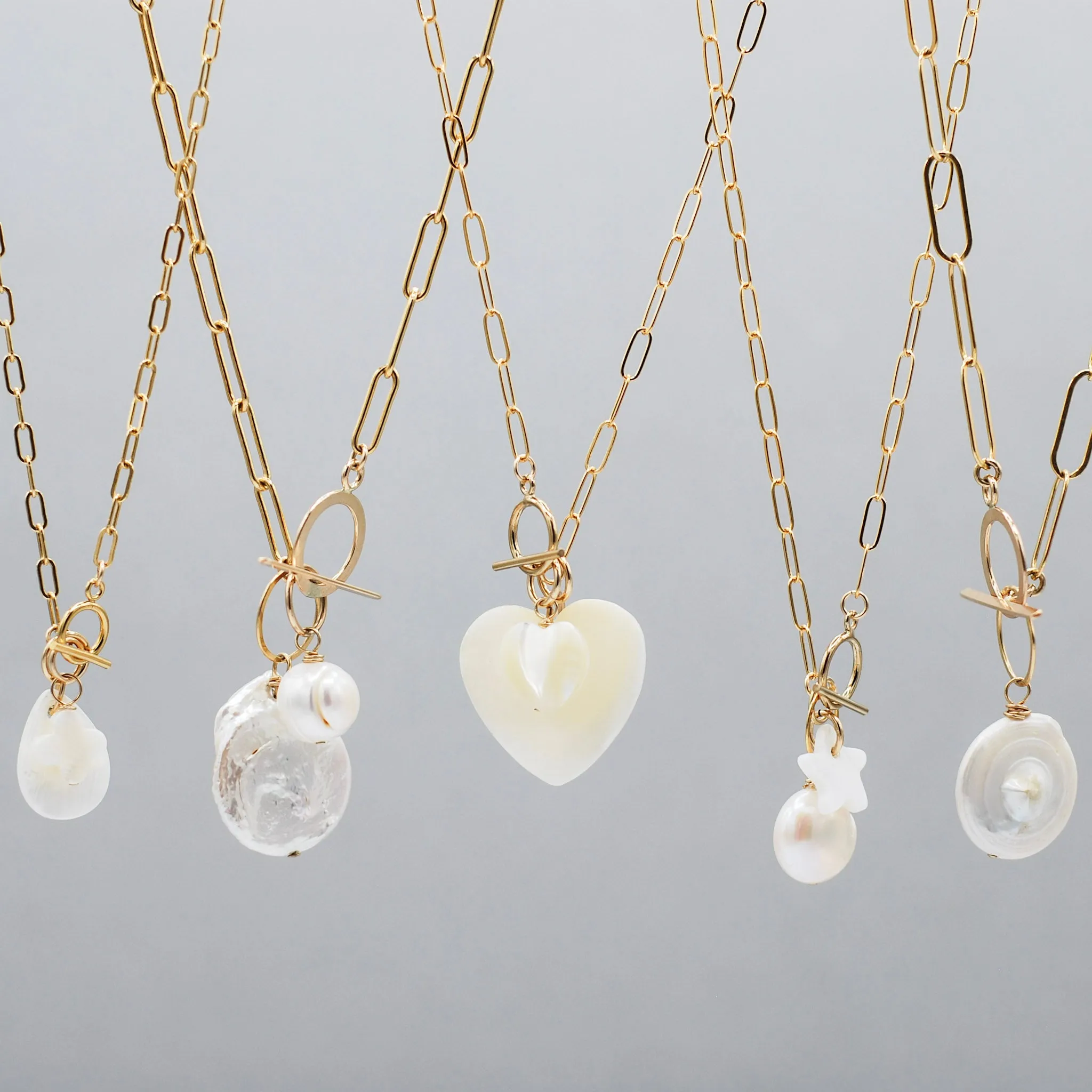 14k Gold Filled Extra Large Toggle Necklace & Pearl Charm Set