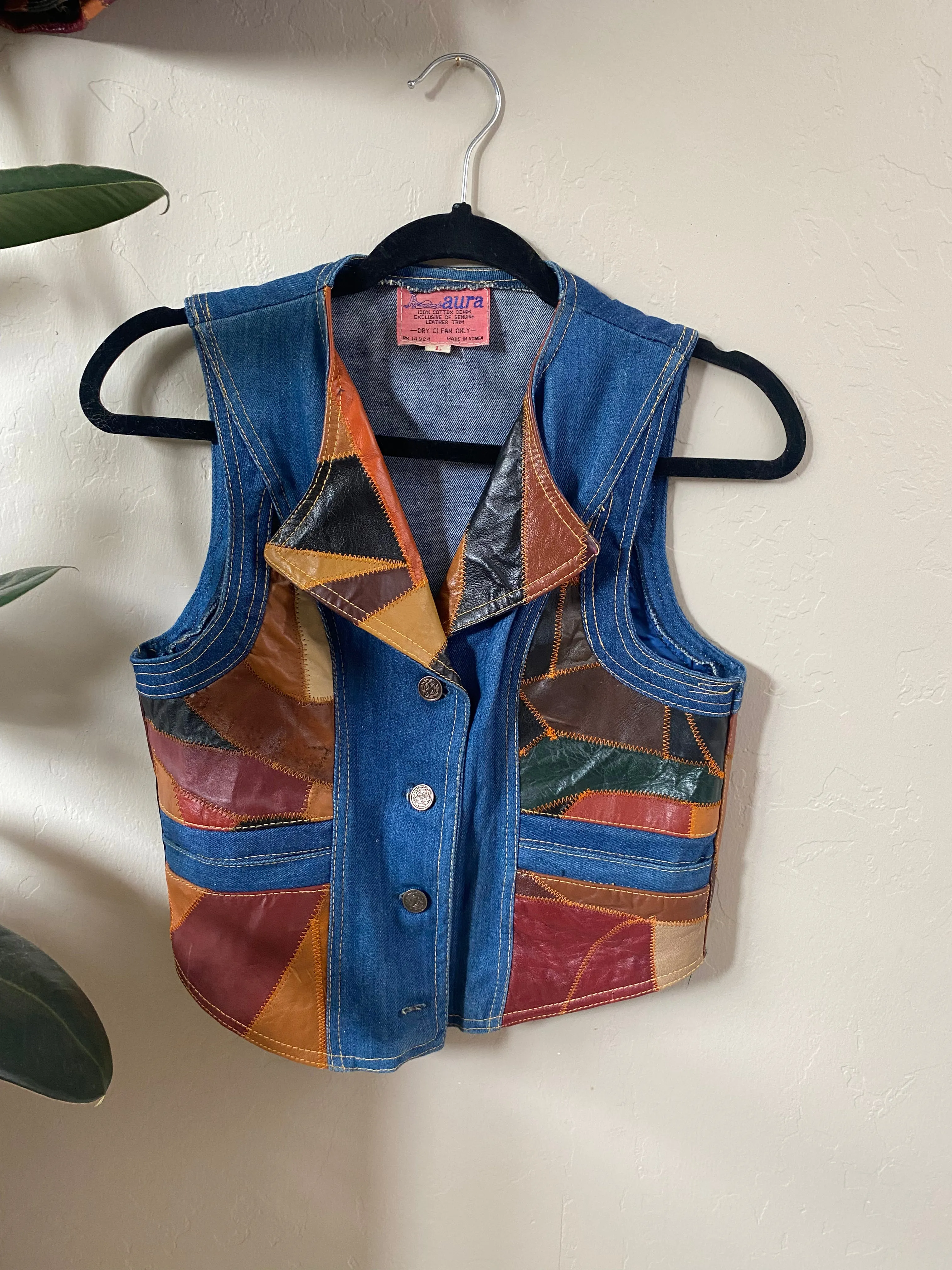 1970s Aura Patchwork Leather and Denim vest