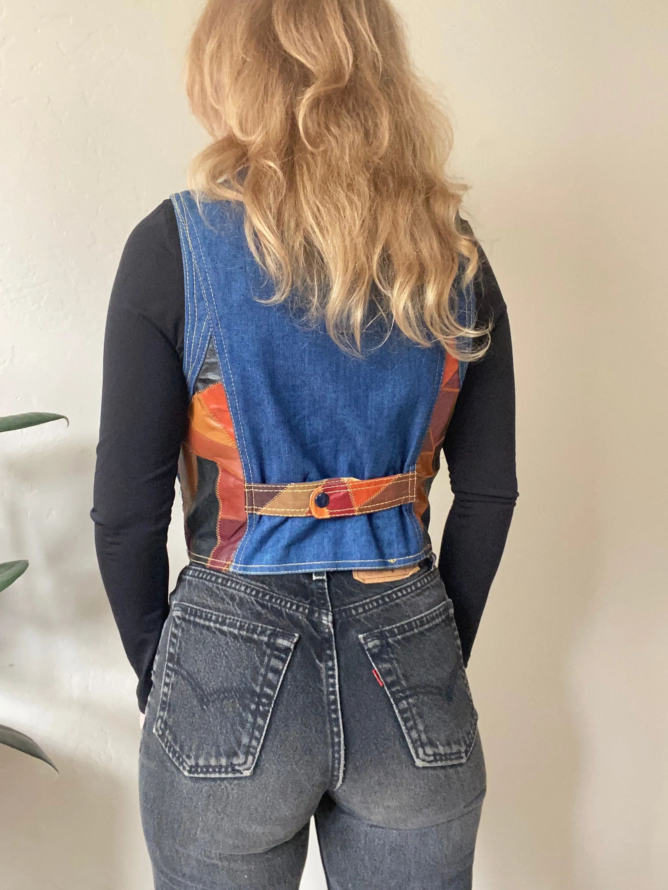 1970s Aura Patchwork Leather and Denim vest