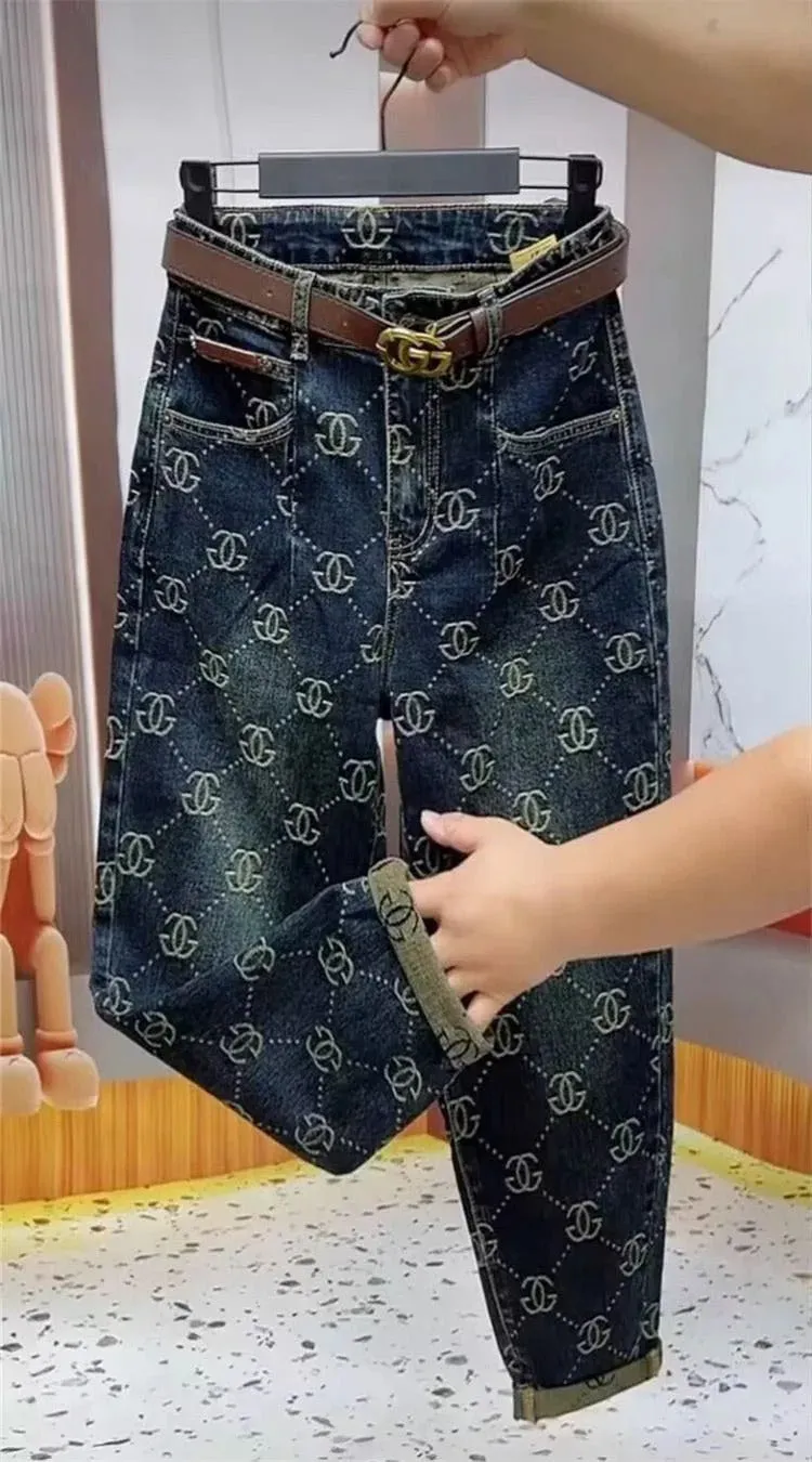 2025 New Trend Thick Retro Jeans Women Embroidery High Waist High Waist Harem Pants Winter Autumn Causal Loose Capri Pants