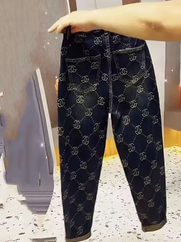 2025 New Trend Thick Retro Jeans Women Embroidery High Waist High Waist Harem Pants Winter Autumn Causal Loose Capri Pants