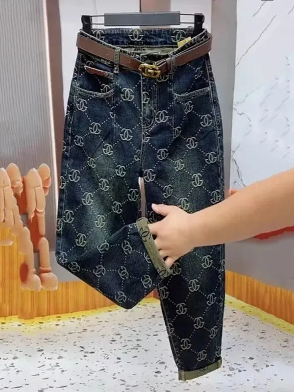 2025 New Trend Thick Retro Jeans Women Embroidery High Waist High Waist Harem Pants Winter Autumn Causal Loose Capri Pants
