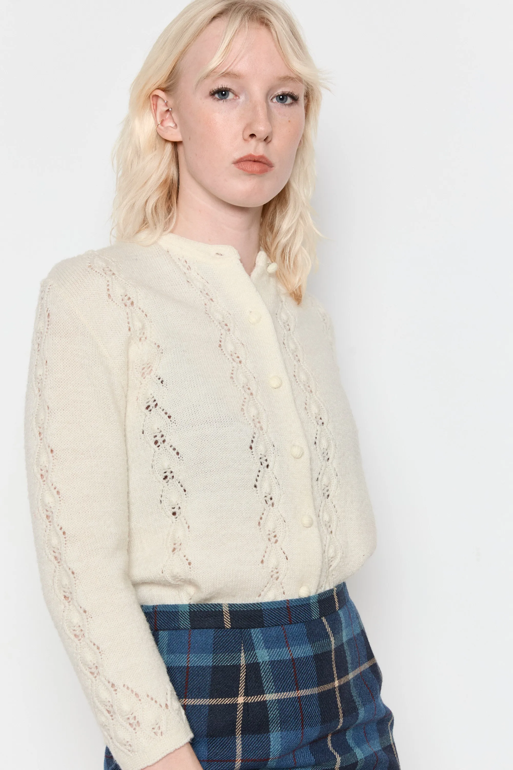 70s Snow Pointelle Cardigan M