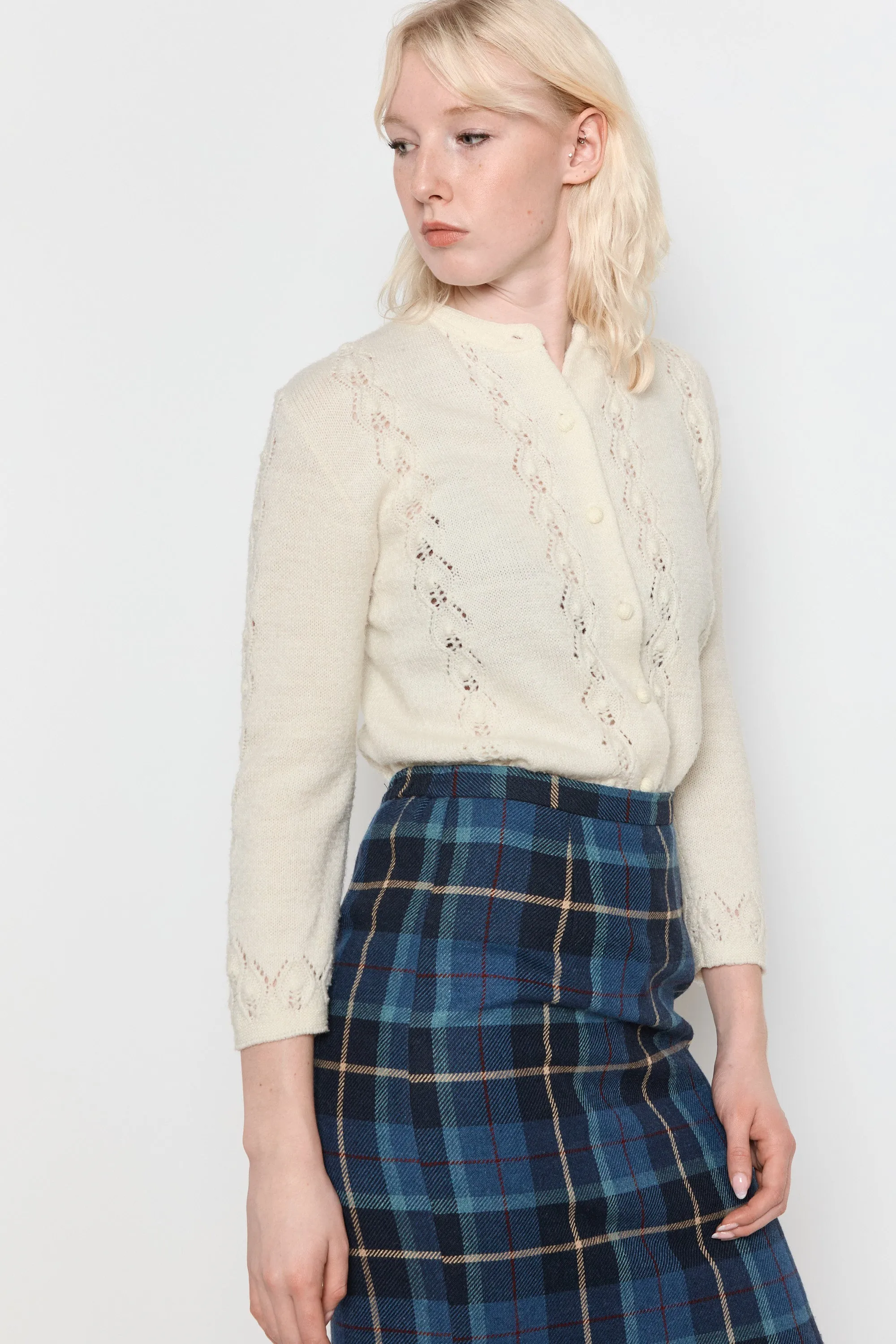 70s Snow Pointelle Cardigan M