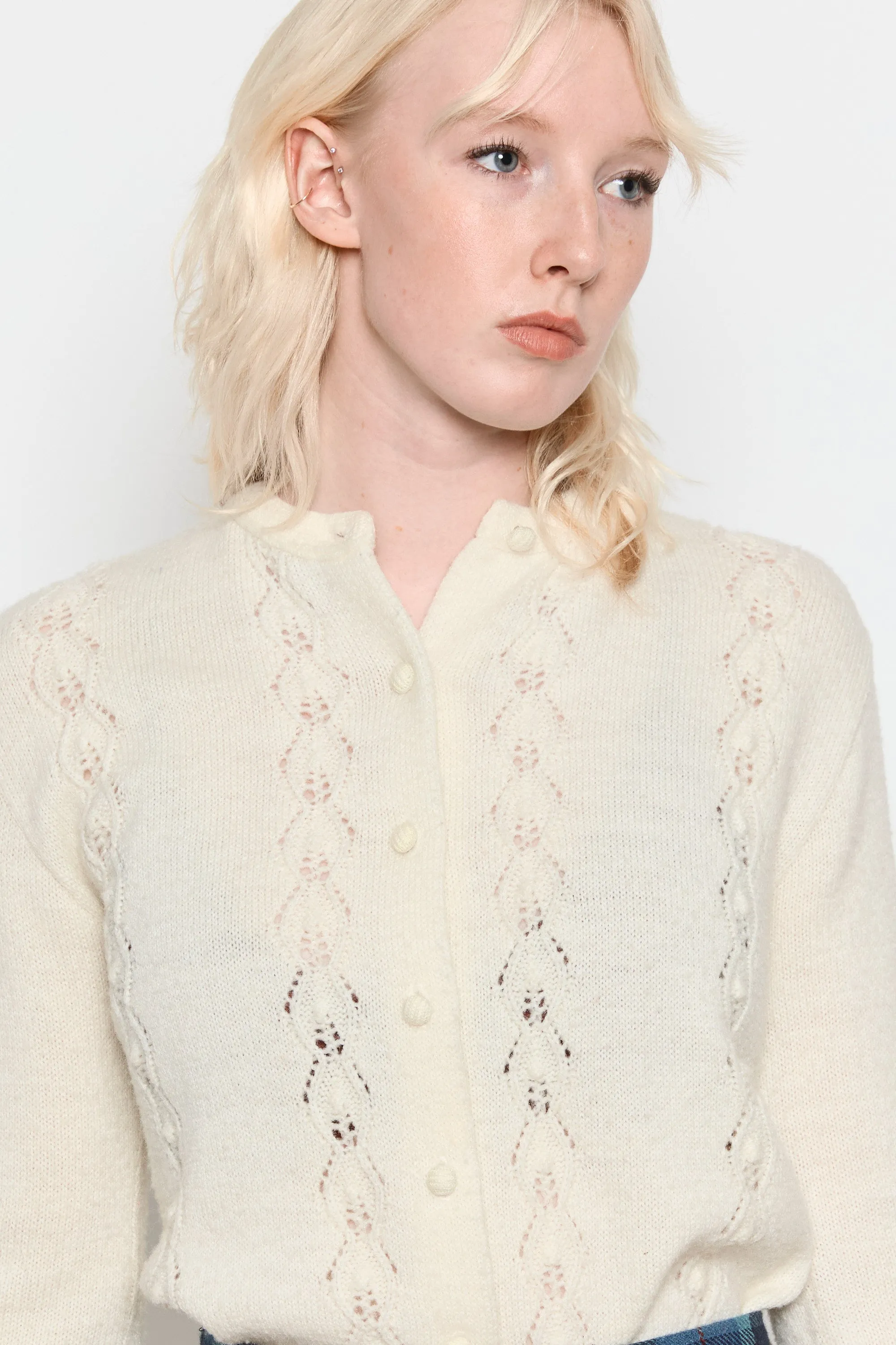 70s Snow Pointelle Cardigan M