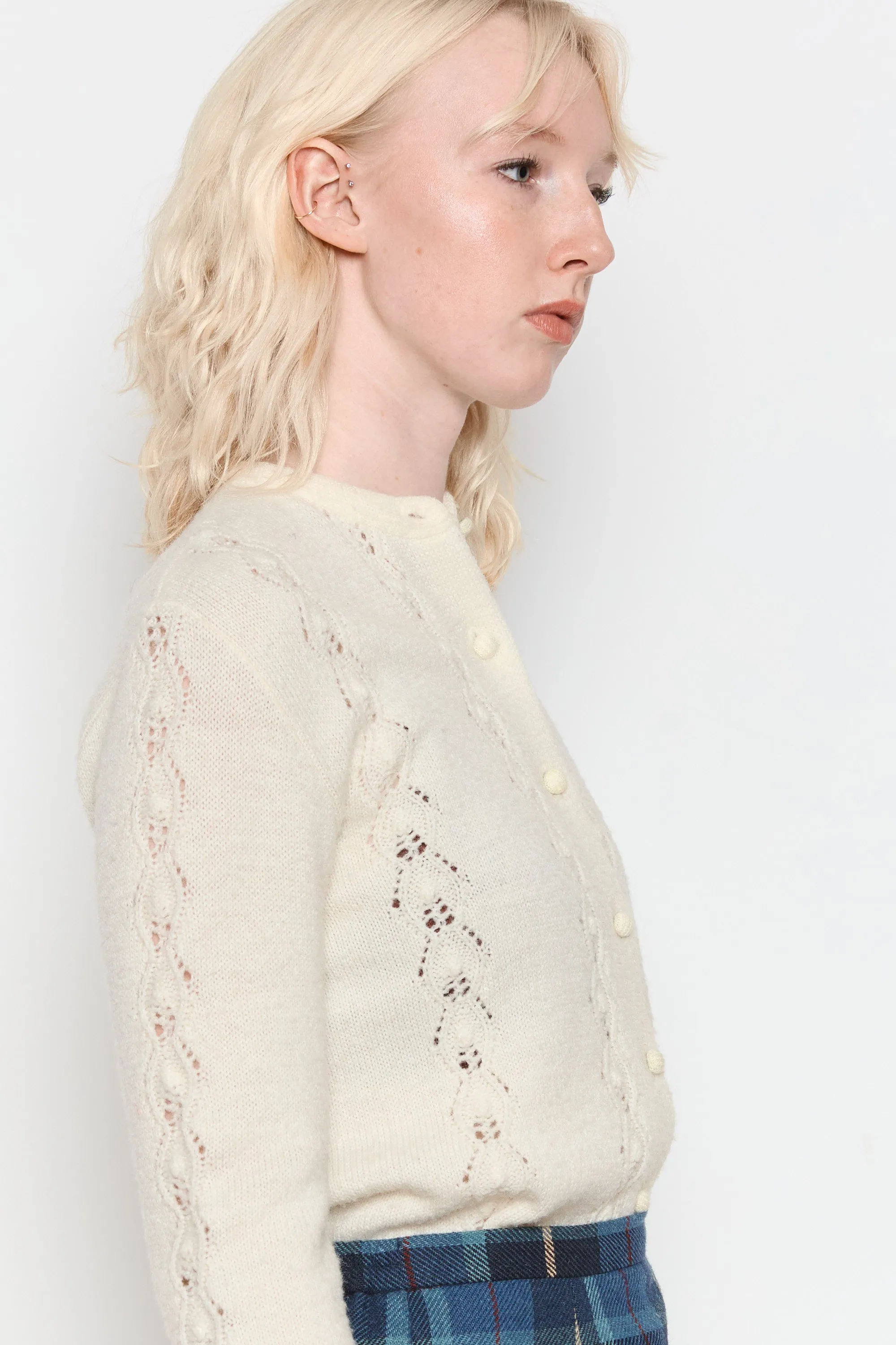 70s Snow Pointelle Cardigan M