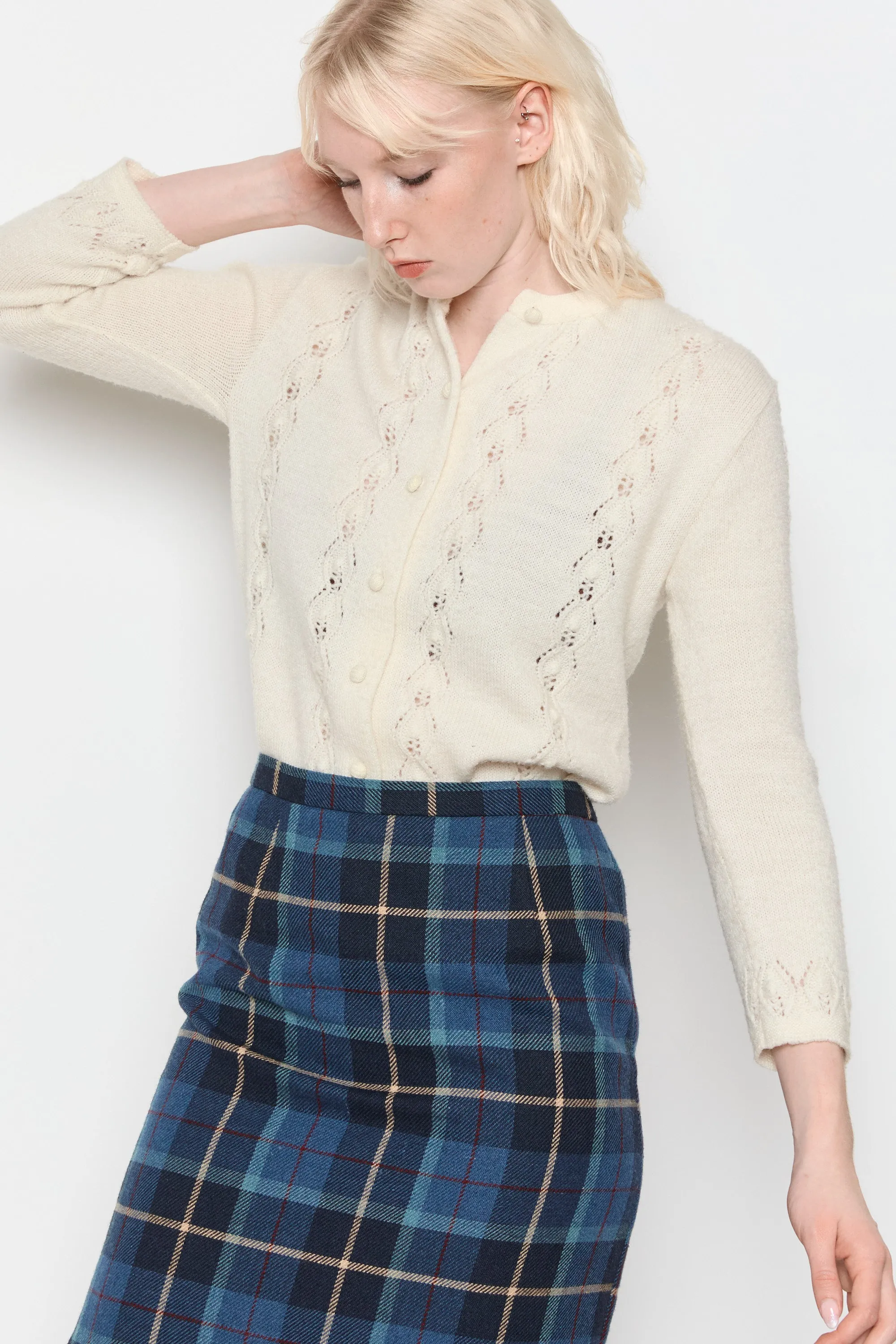 70s Snow Pointelle Cardigan M