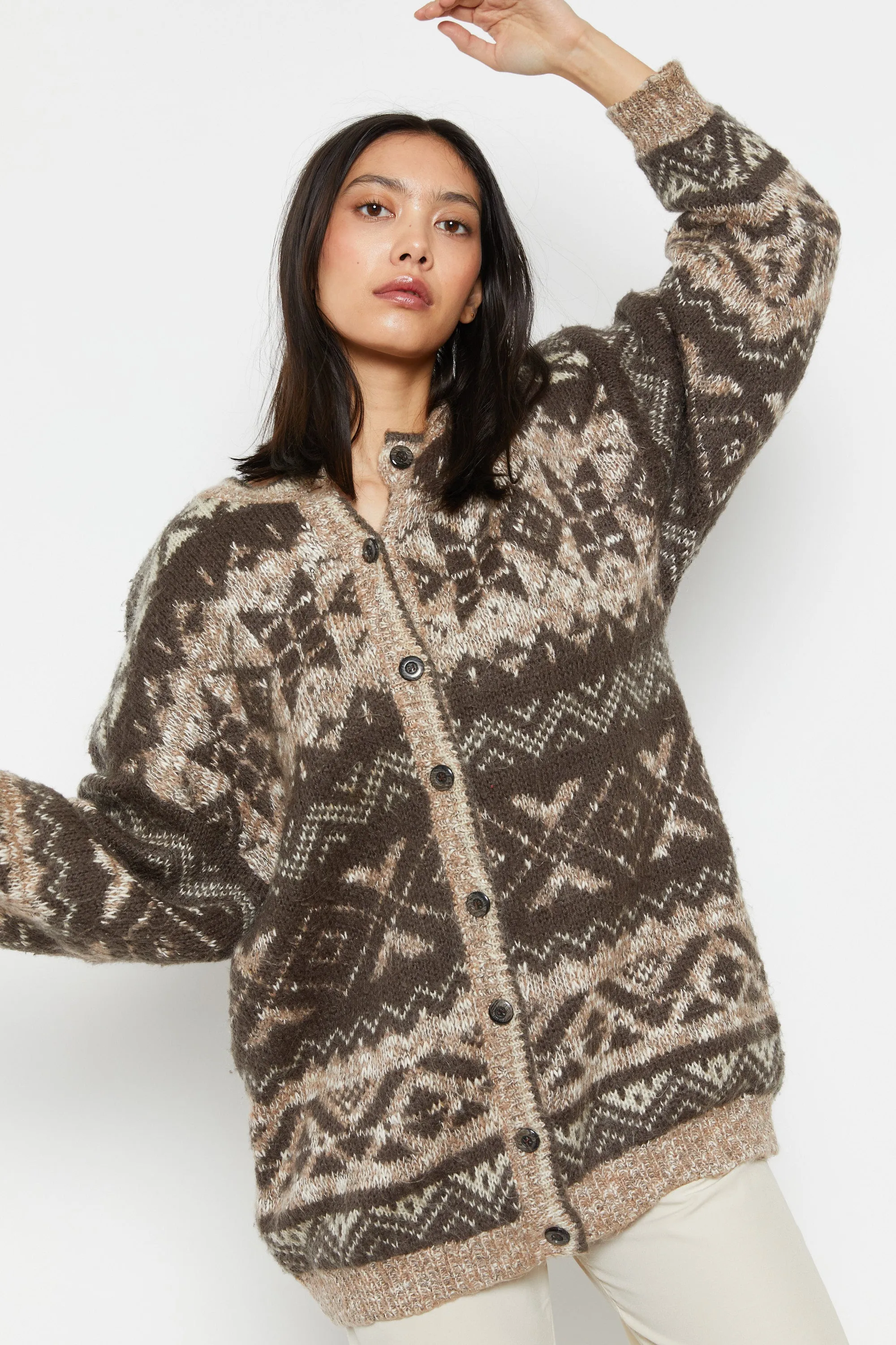 80s Brown Fair Isle Cardigan L