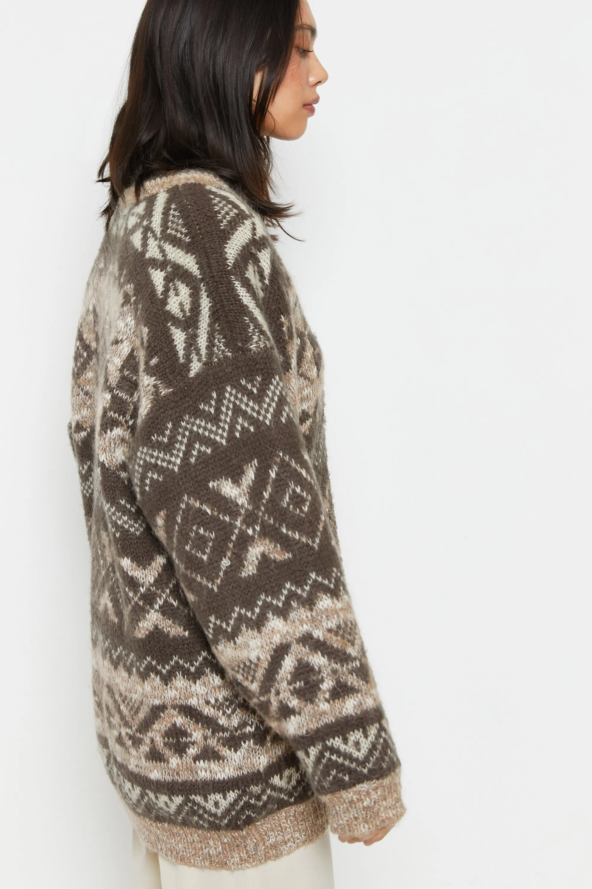 80s Brown Fair Isle Cardigan L