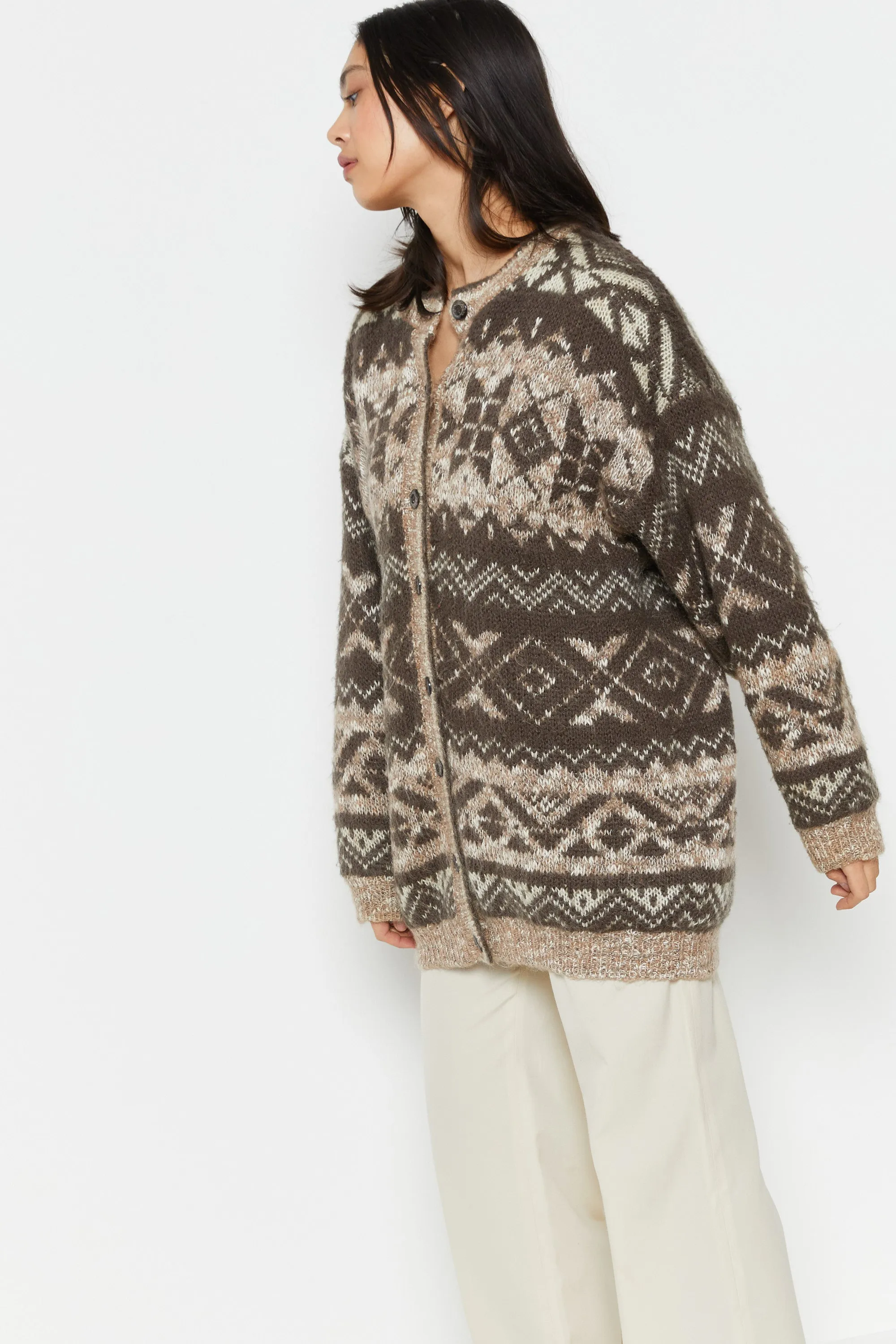 80s Brown Fair Isle Cardigan L