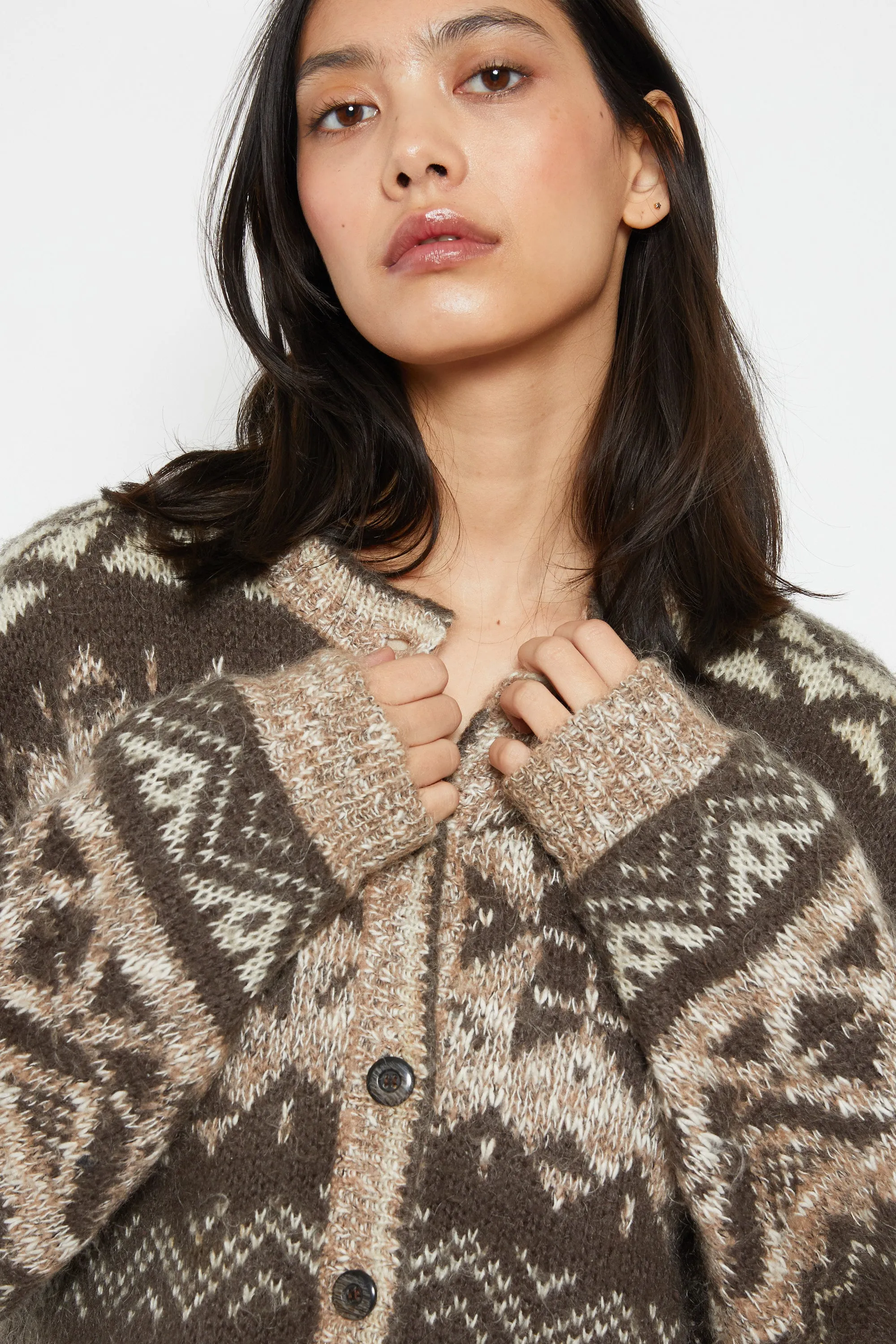 80s Brown Fair Isle Cardigan L