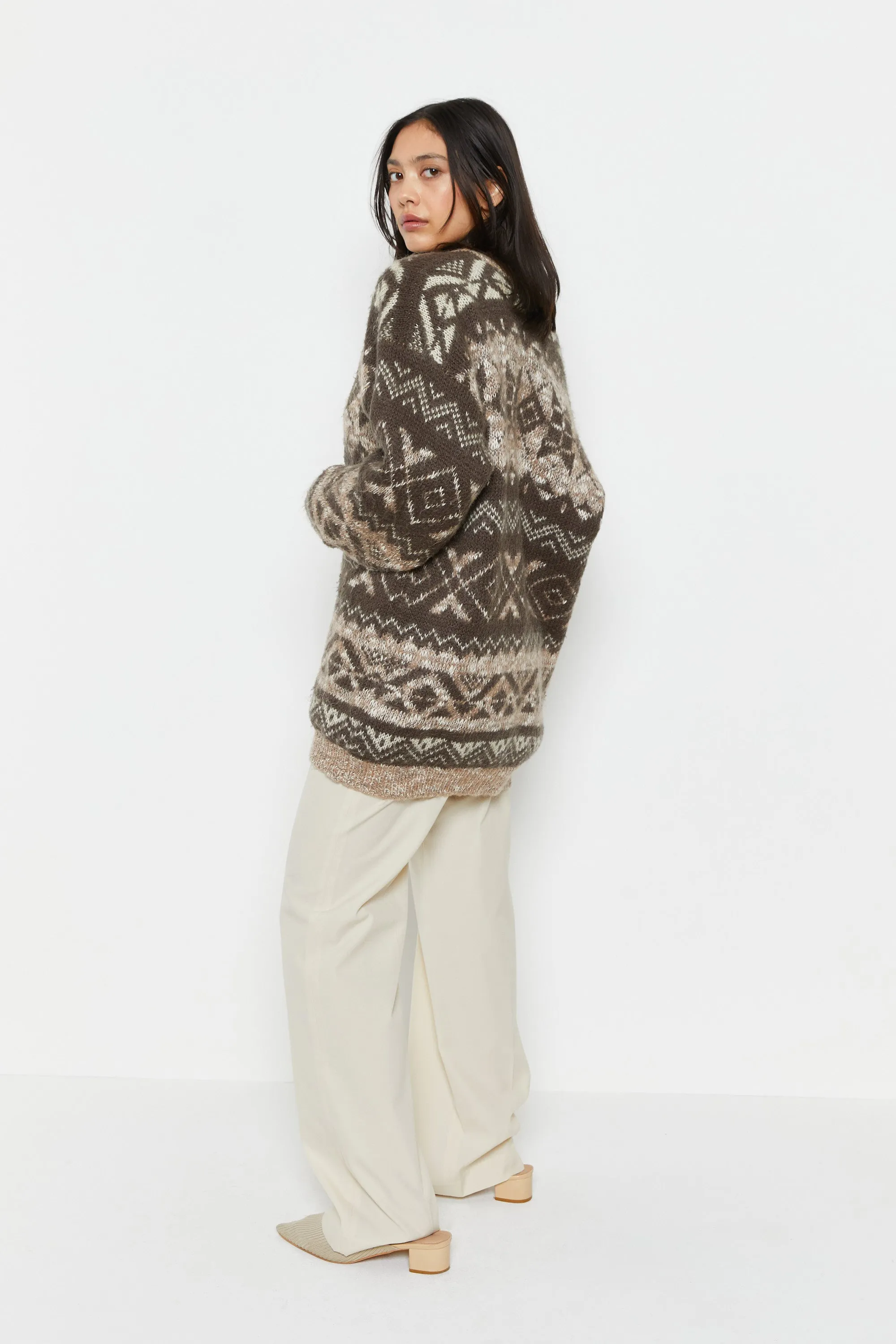 80s Brown Fair Isle Cardigan L