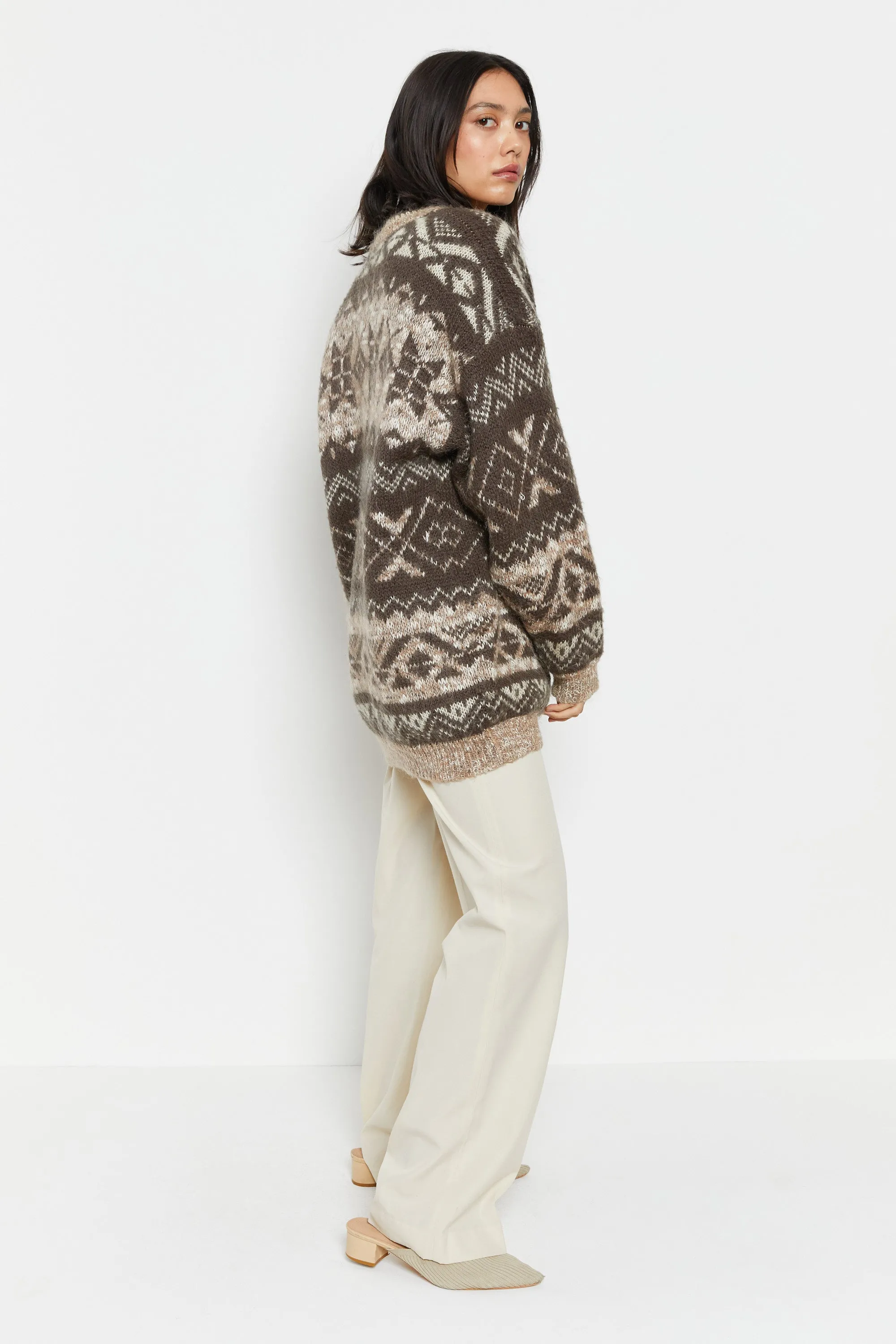 80s Brown Fair Isle Cardigan L