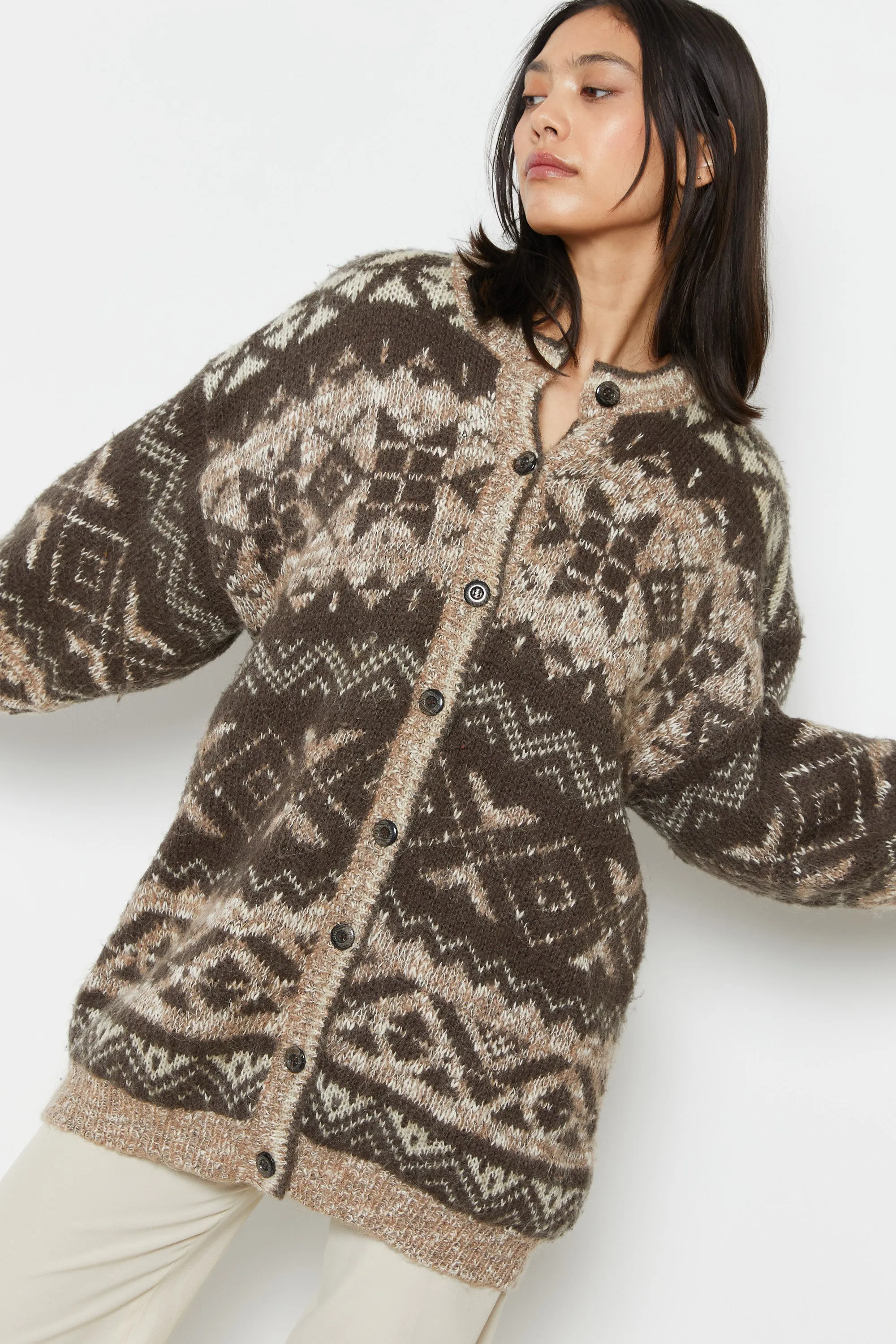 80s Brown Fair Isle Cardigan L