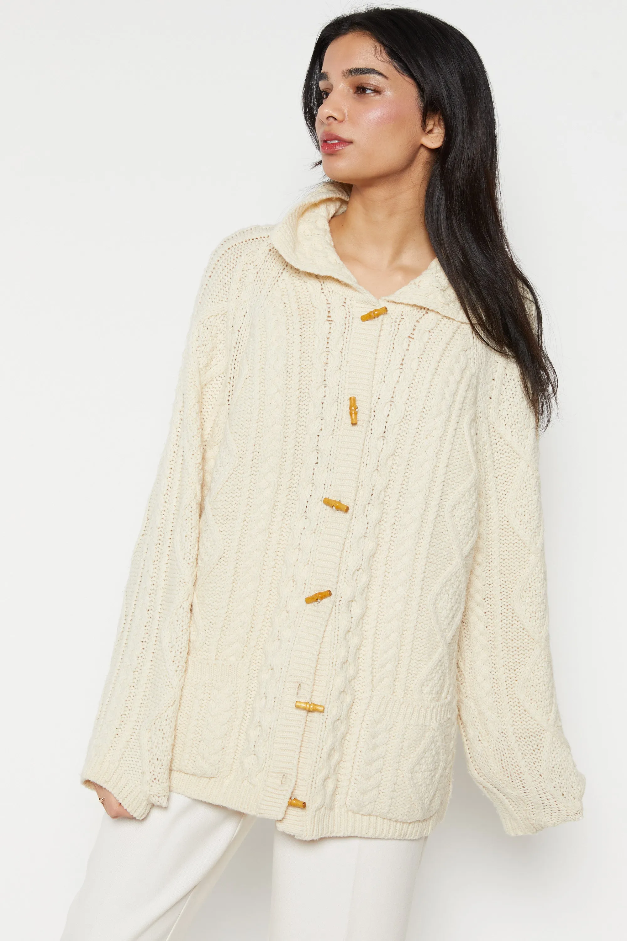 90s Cream Cable Knit Toggle Wool Cardigan XL