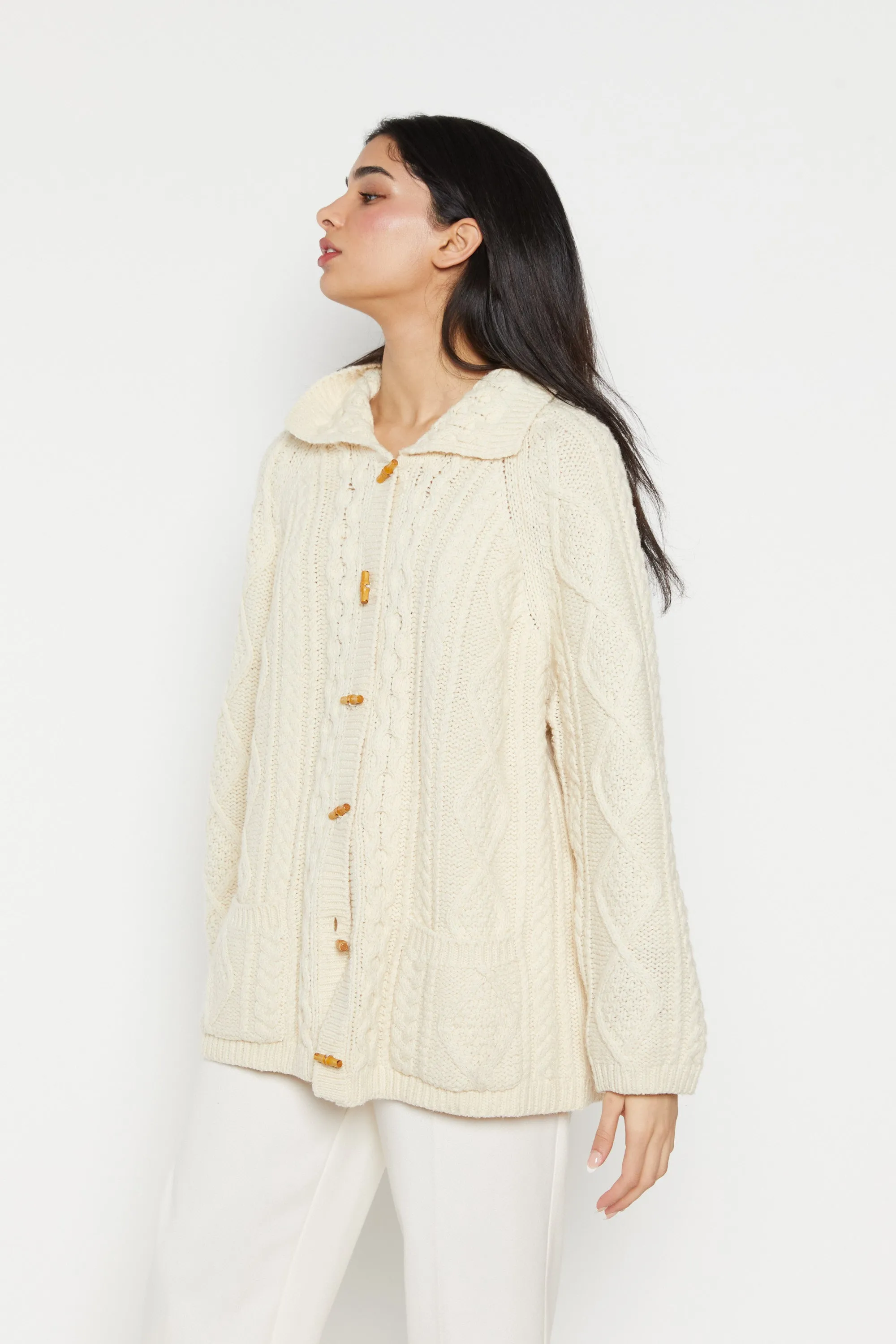 90s Cream Cable Knit Toggle Wool Cardigan XL