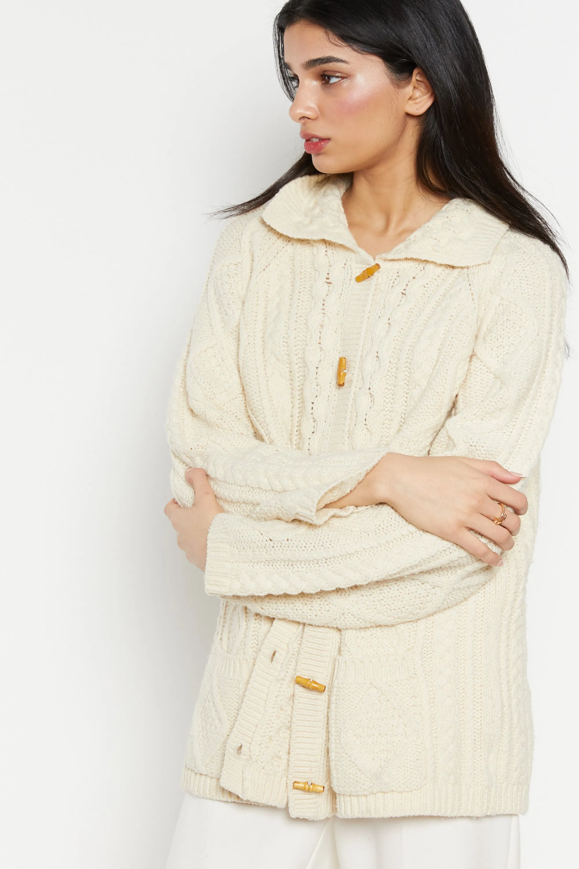 90s Cream Cable Knit Toggle Wool Cardigan XL