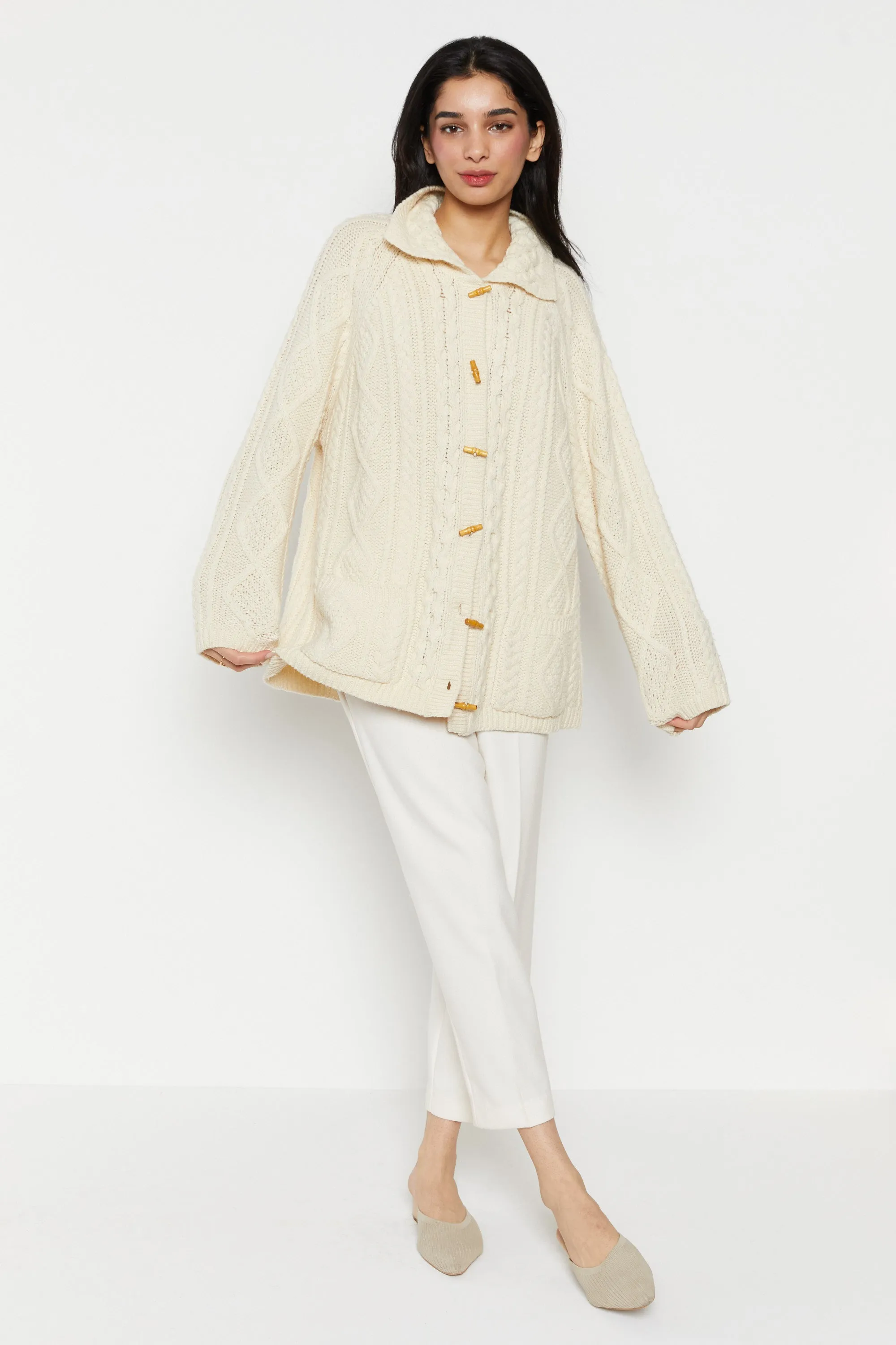 90s Cream Cable Knit Toggle Wool Cardigan XL
