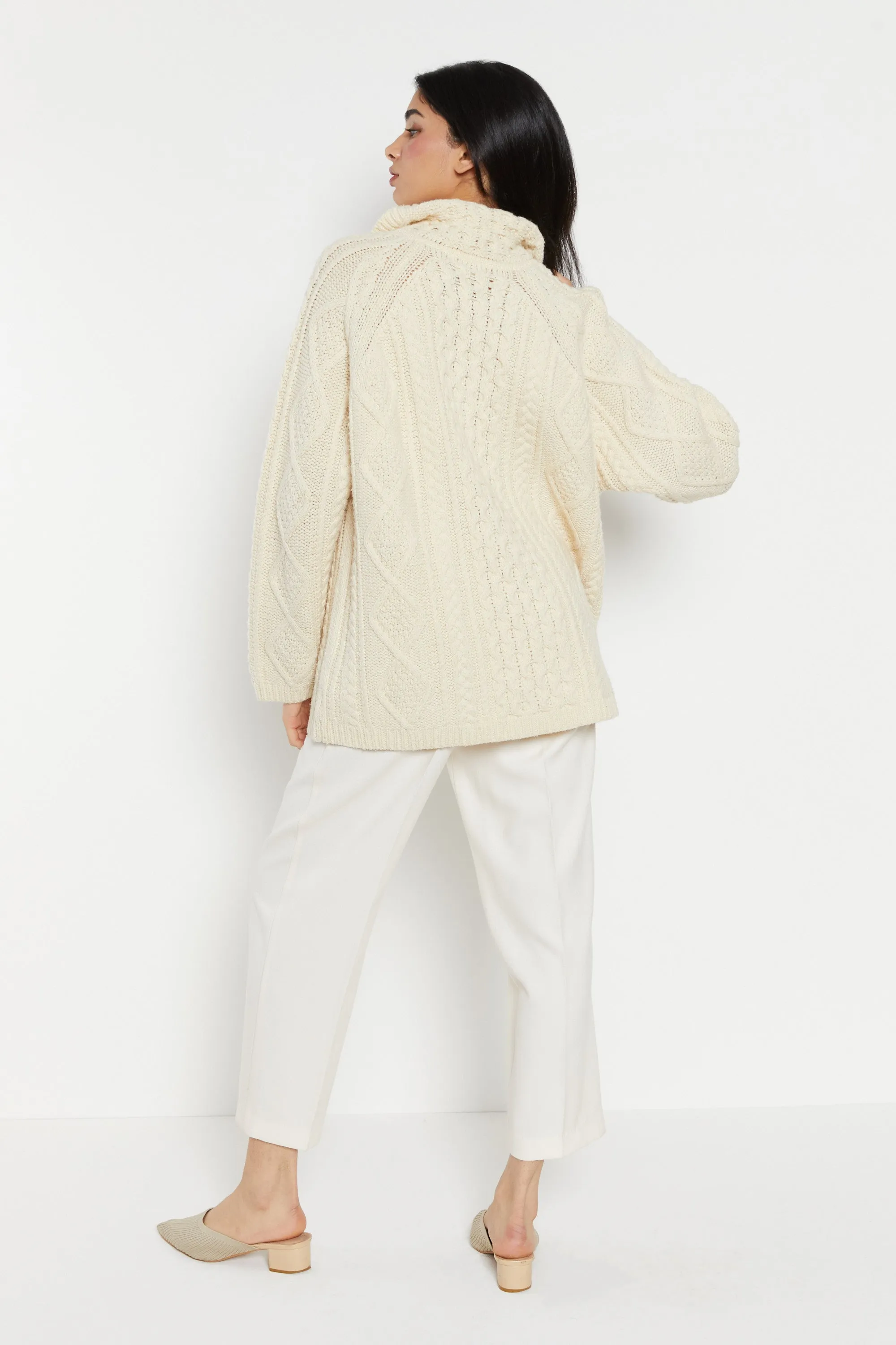 90s Cream Cable Knit Toggle Wool Cardigan XL