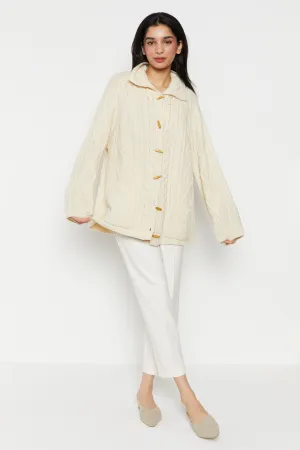 90s Cream Cable Knit Toggle Wool Cardigan XL