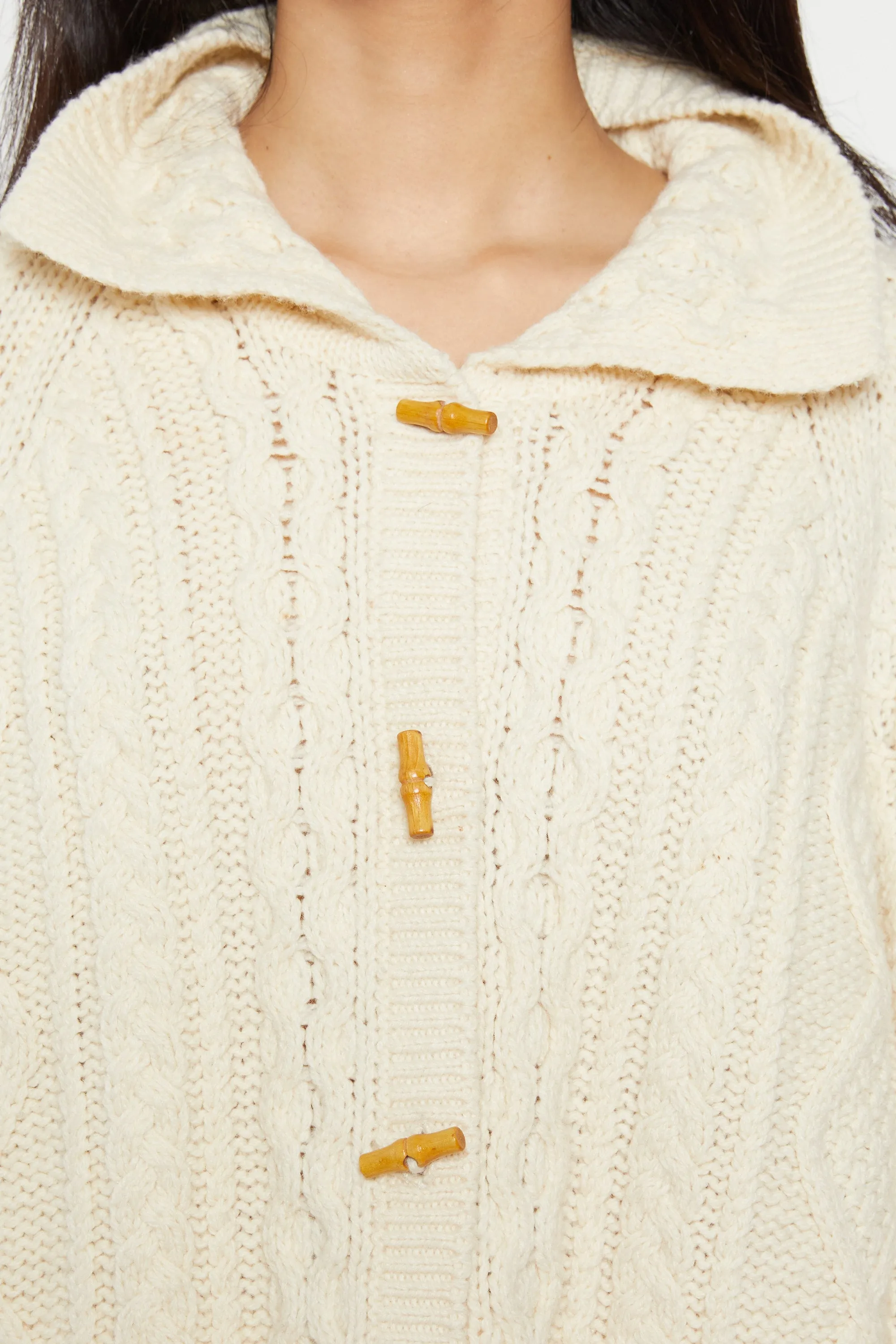 90s Cream Cable Knit Toggle Wool Cardigan XL