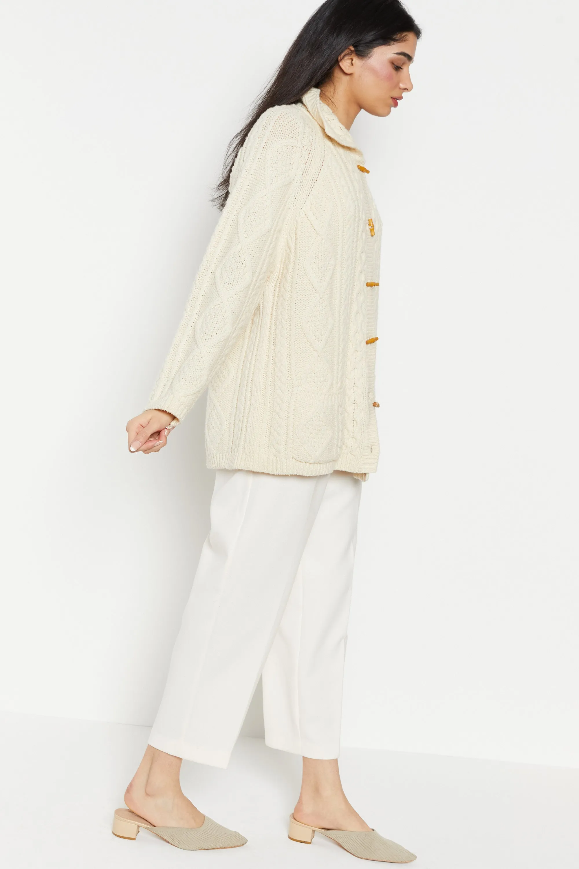 90s Cream Cable Knit Toggle Wool Cardigan XL