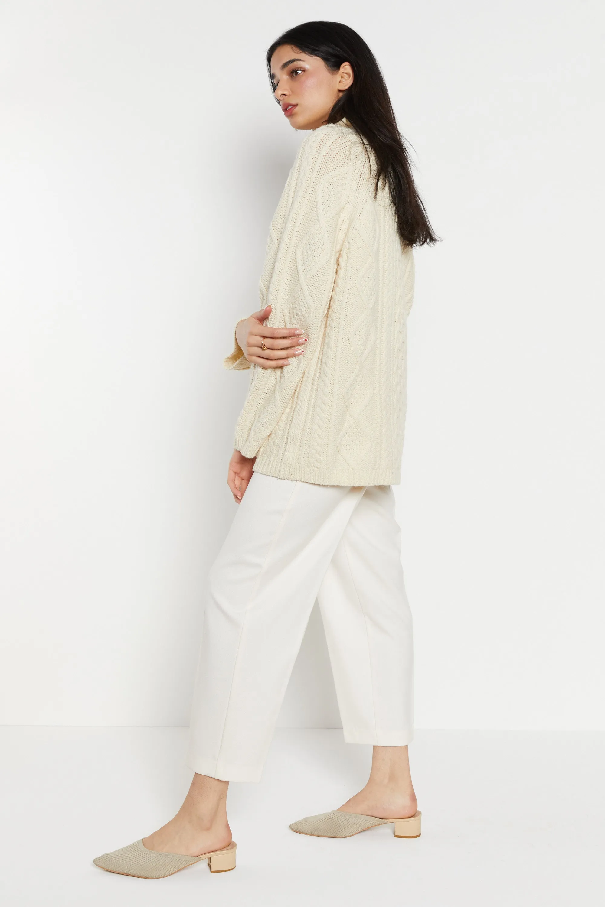 90s Cream Cable Knit Toggle Wool Cardigan XL