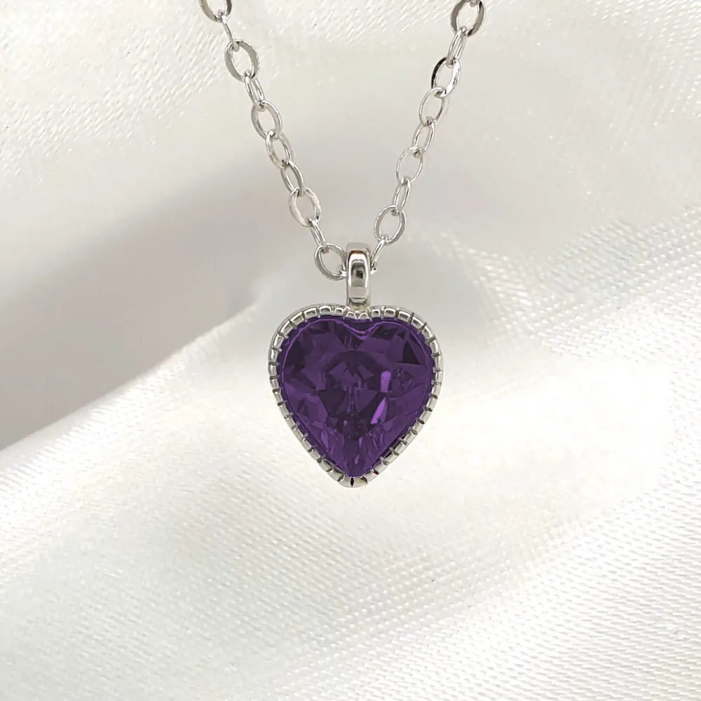925 Sterling Silver Love Heart Diamante Birthstone Necklace