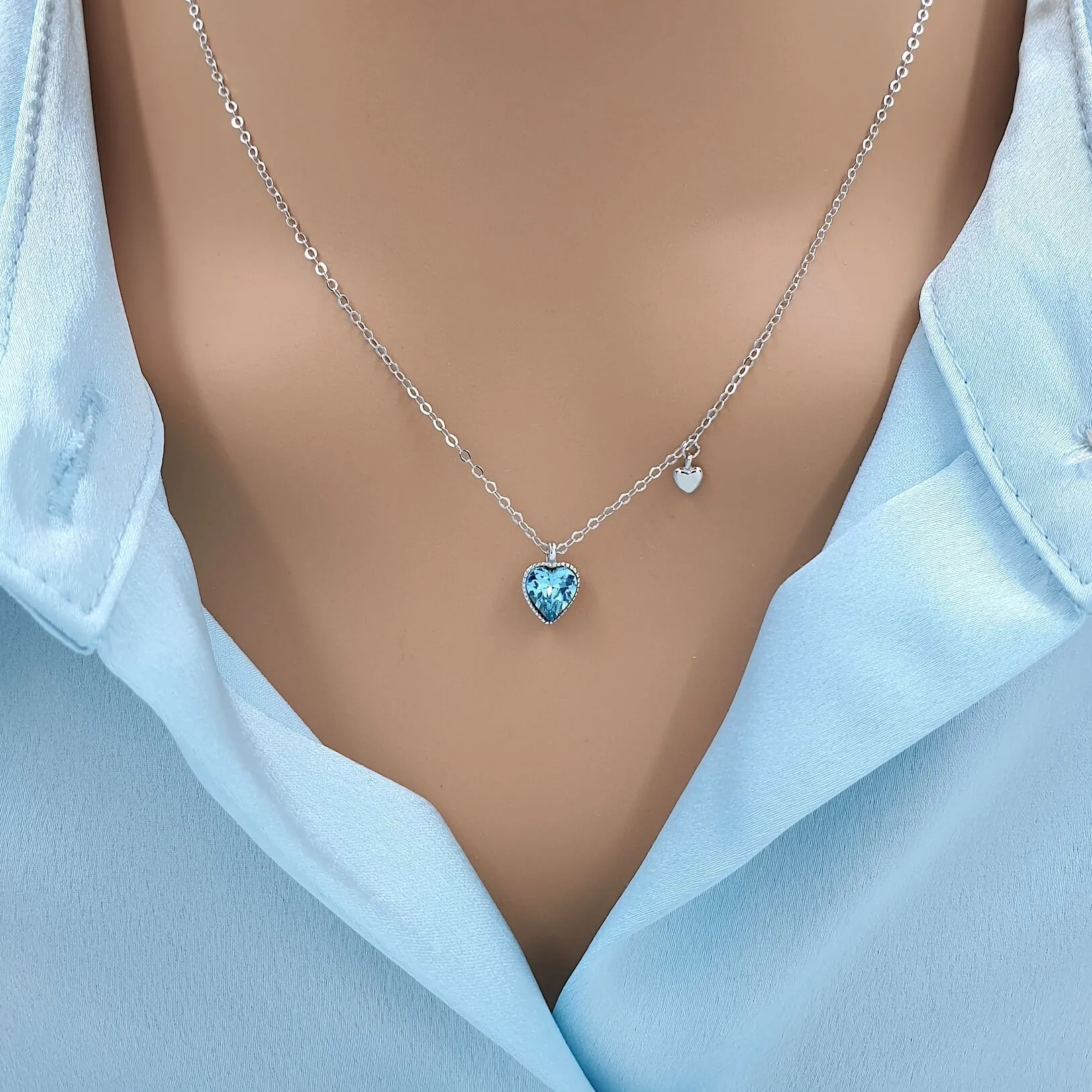 925 Sterling Silver Love Heart Diamante Birthstone Necklace