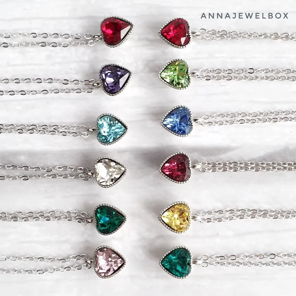 925 Sterling Silver Love Heart Diamante Birthstone Necklace