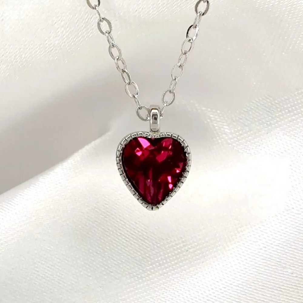 925 Sterling Silver Love Heart Diamante Birthstone Necklace