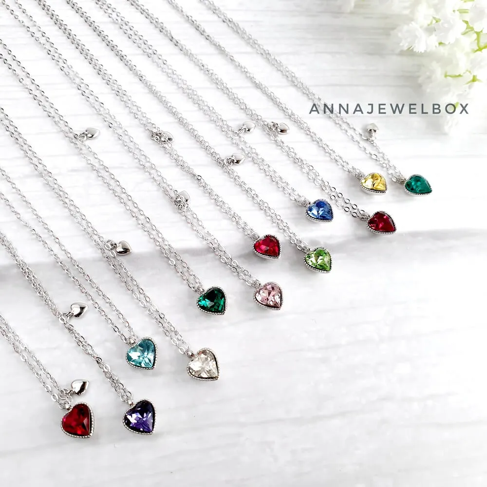 925 Sterling Silver Love Heart Diamante Birthstone Necklace