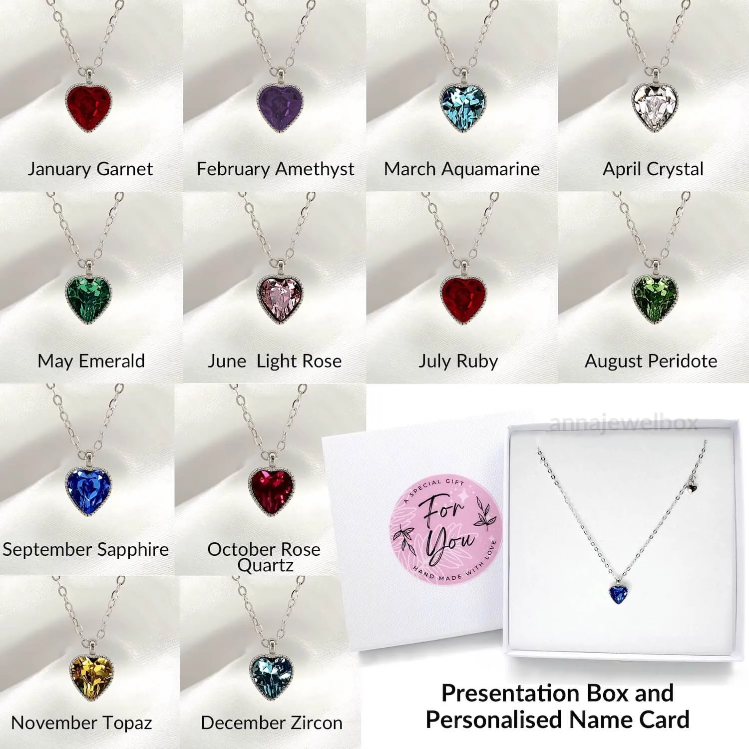 925 Sterling Silver Love Heart Diamante Birthstone Necklace