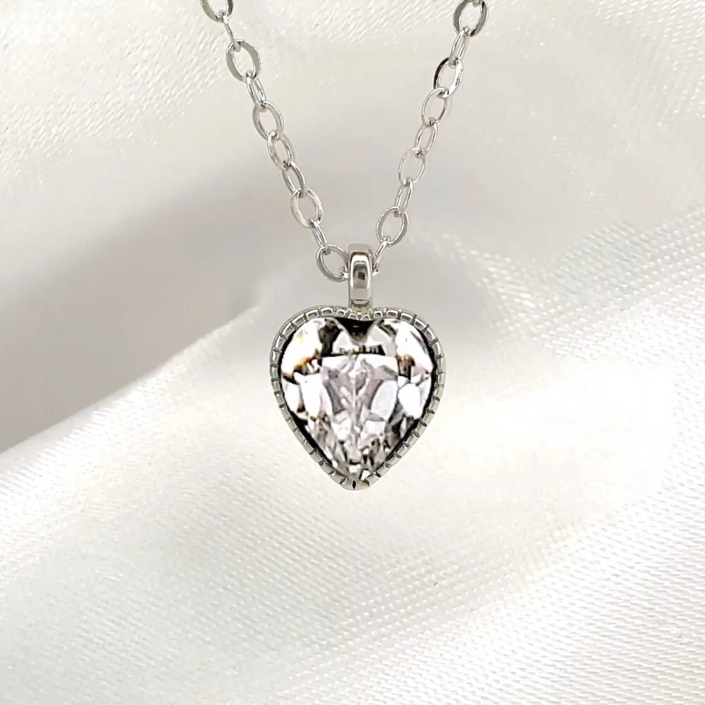 925 Sterling Silver Love Heart Diamante Birthstone Necklace