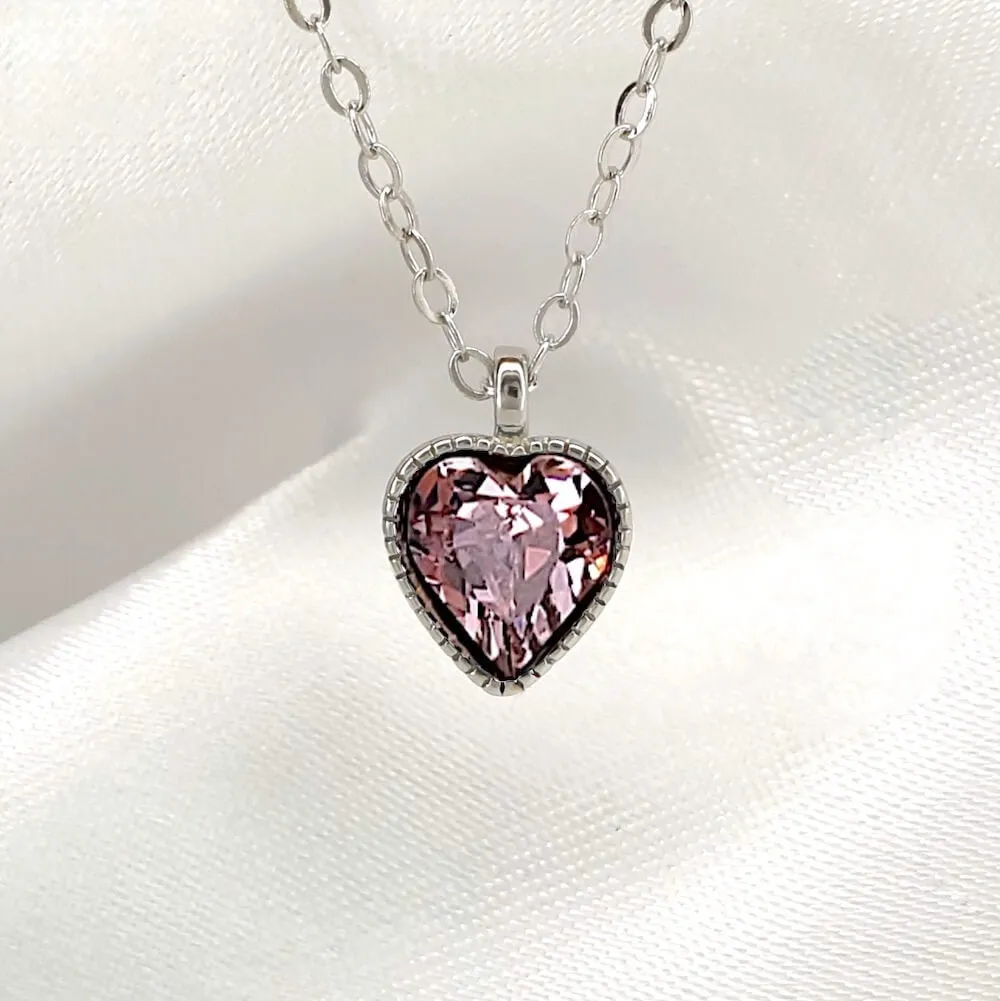 925 Sterling Silver Love Heart Diamante Birthstone Necklace