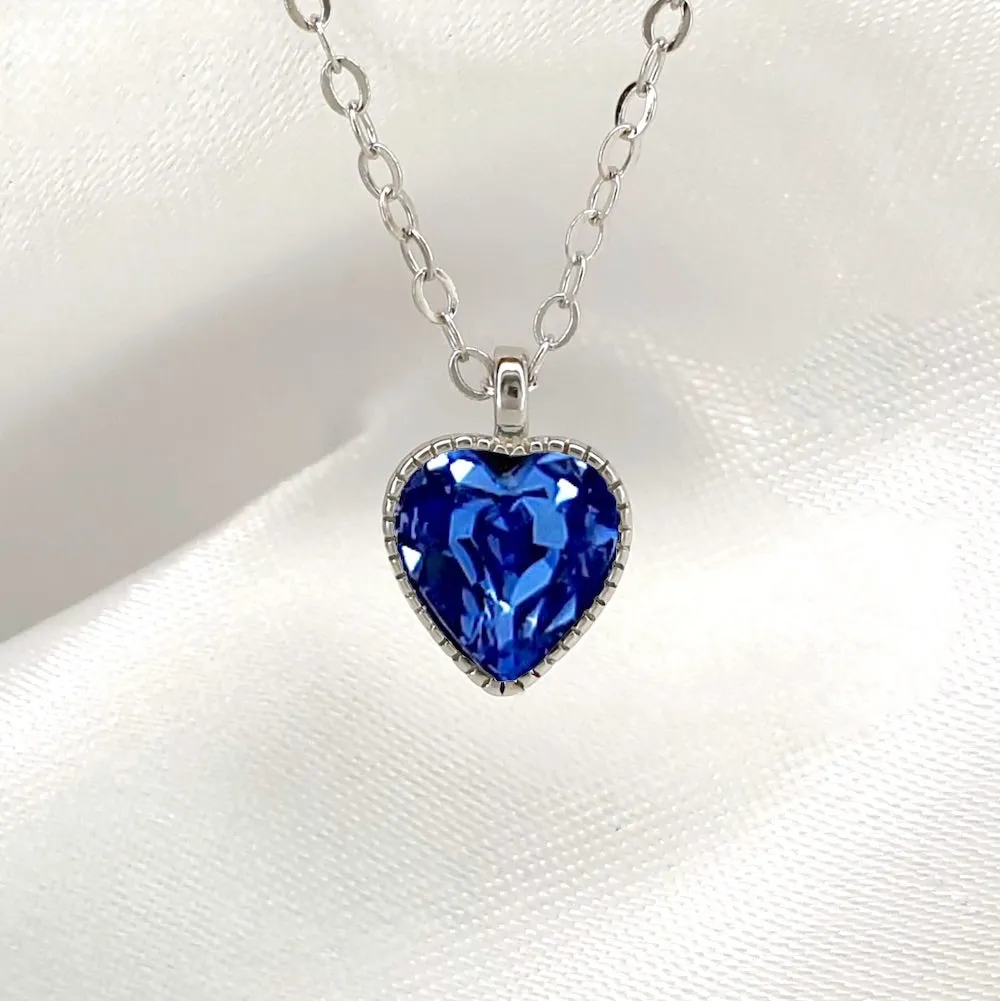 925 Sterling Silver Love Heart Diamante Birthstone Necklace