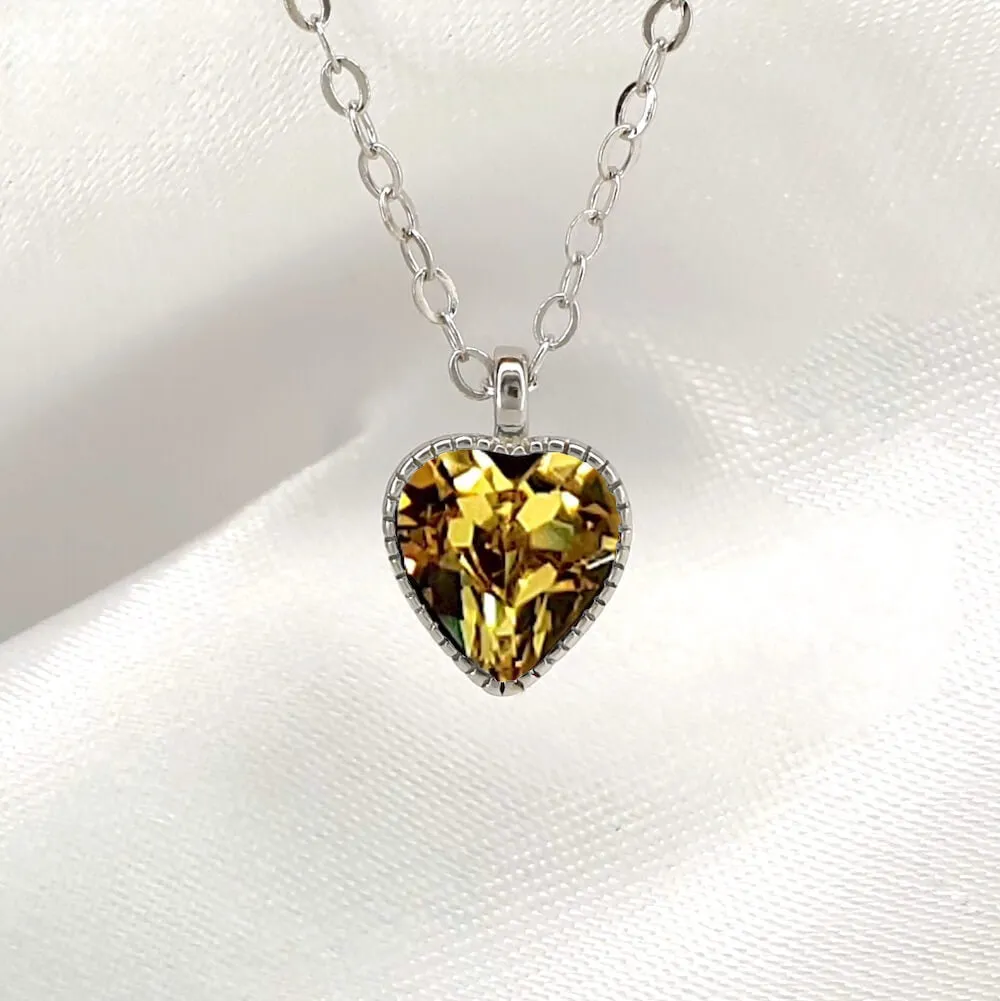 925 Sterling Silver Love Heart Diamante Birthstone Necklace