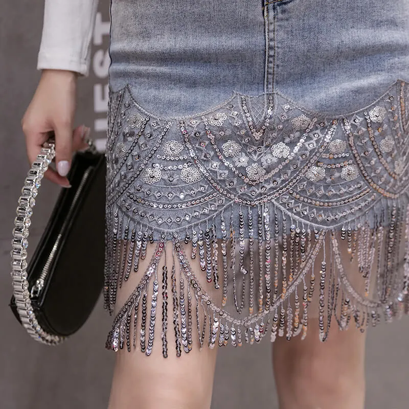 Adriane Embellished High Waist Denim Skirt