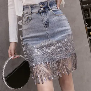 Adriane Embellished High Waist Denim Skirt