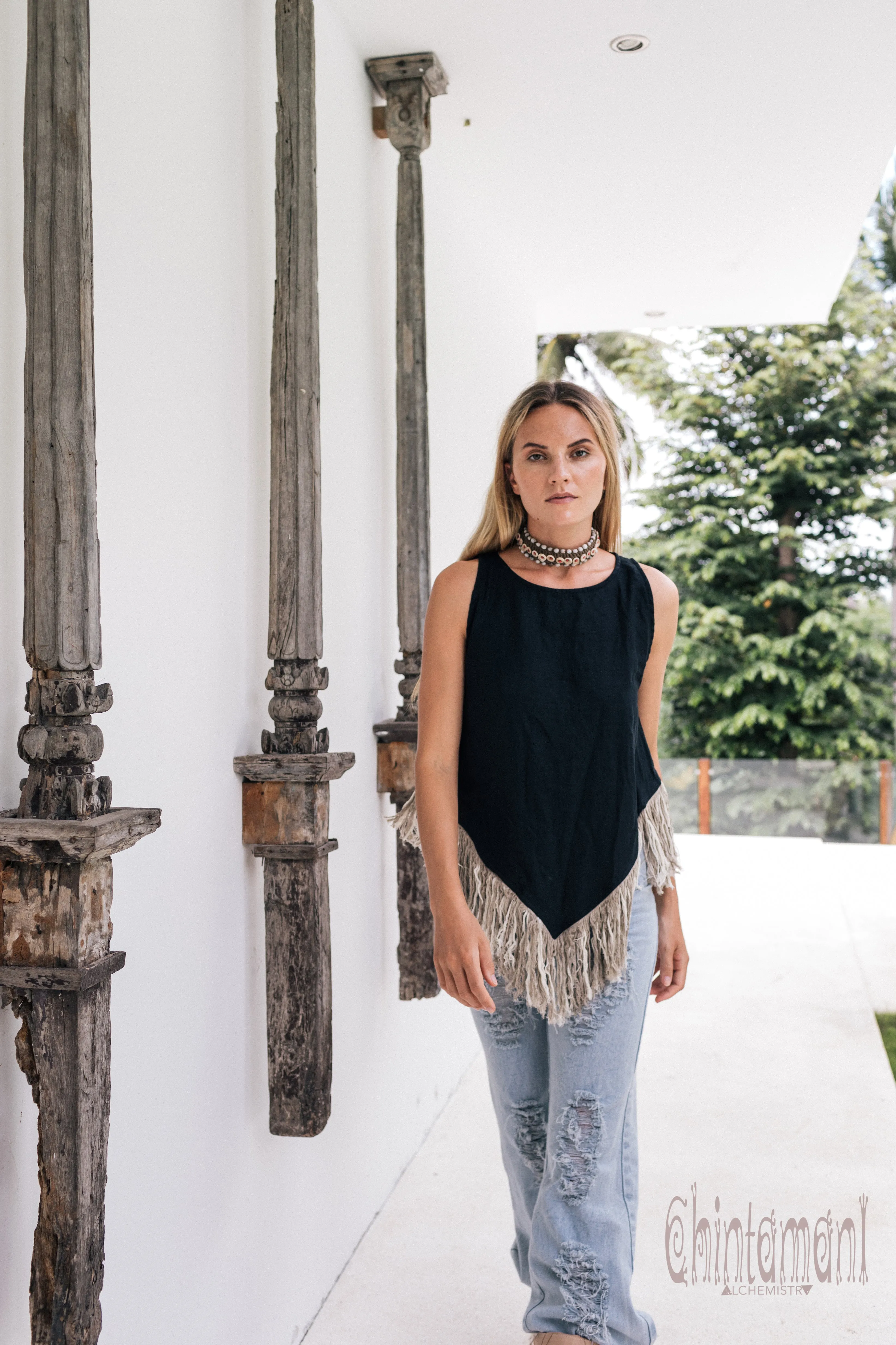 Alma Libra Corner Linen Top with Fringes / Black