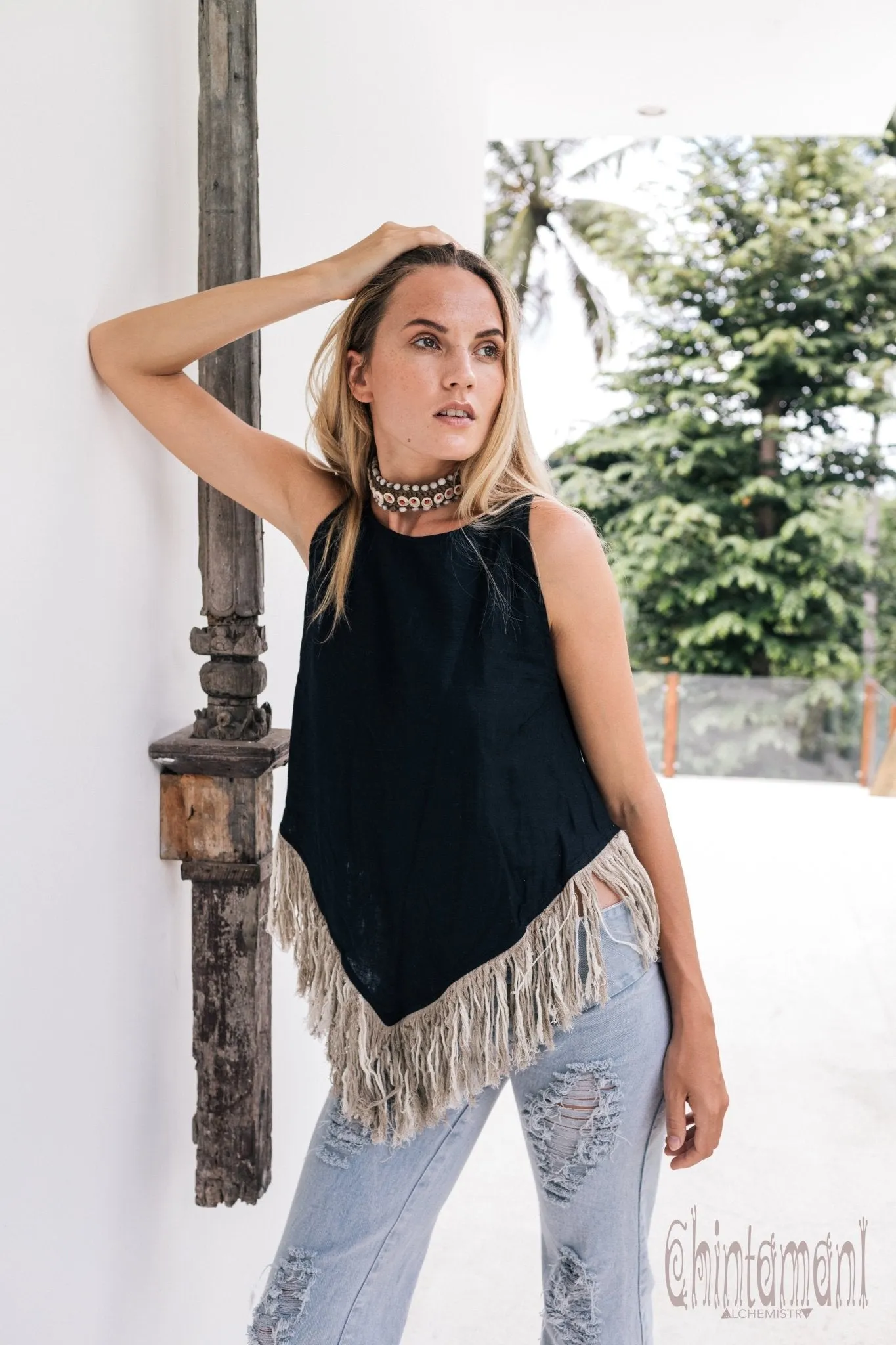 Alma Libra Corner Linen Top with Fringes / Black