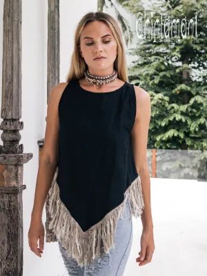 Alma Libra Corner Linen Top with Fringes / Black