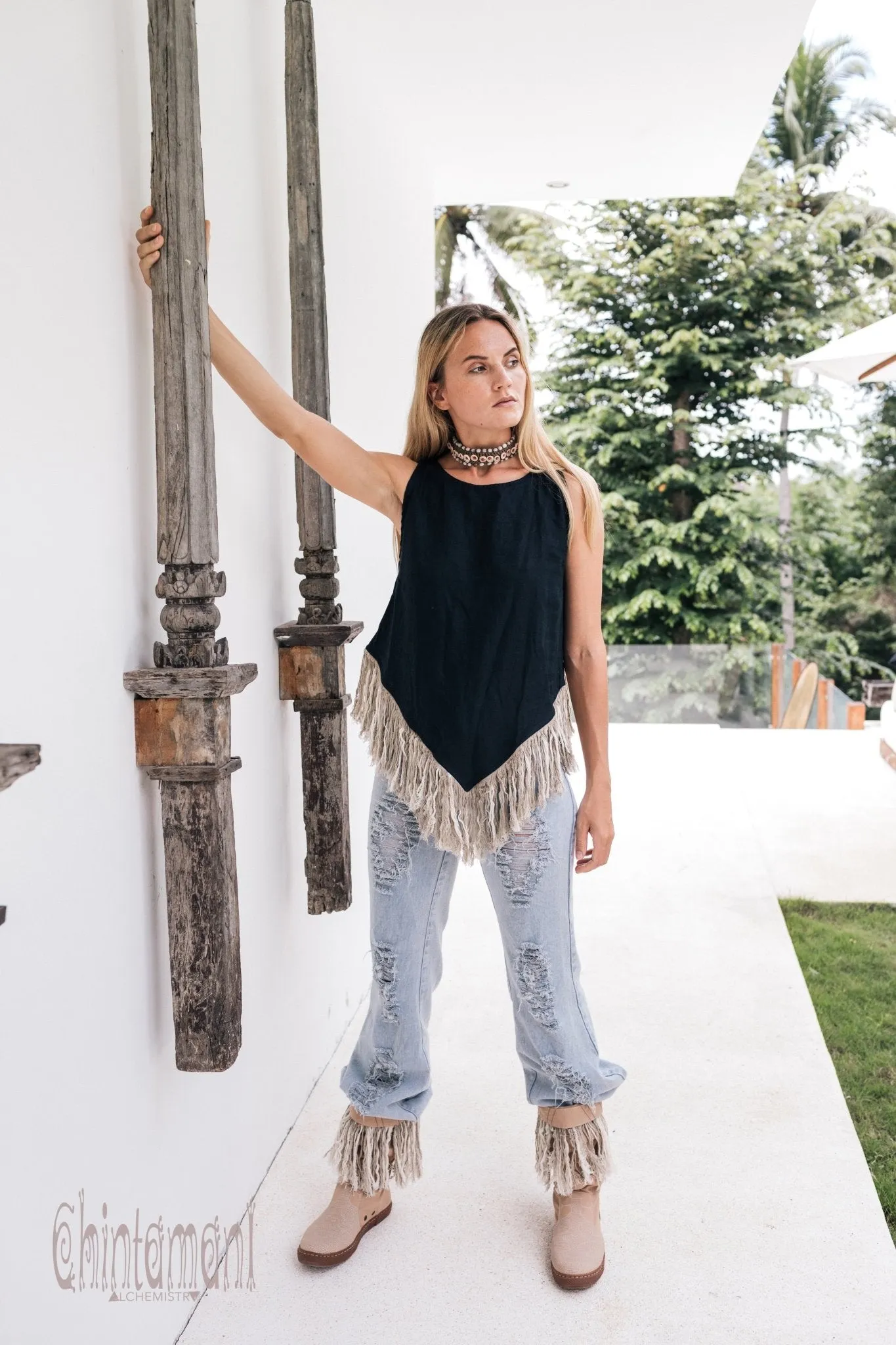 Alma Libra Corner Linen Top with Fringes / Black