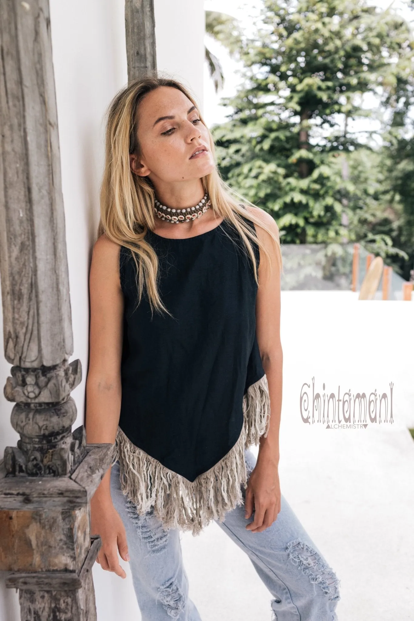 Alma Libra Corner Linen Top with Fringes / Black