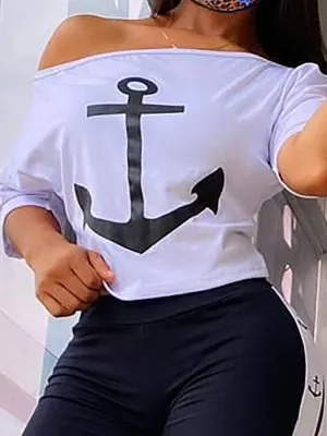 Anchor Print Short Sleeve Top & High Waist Pants Set