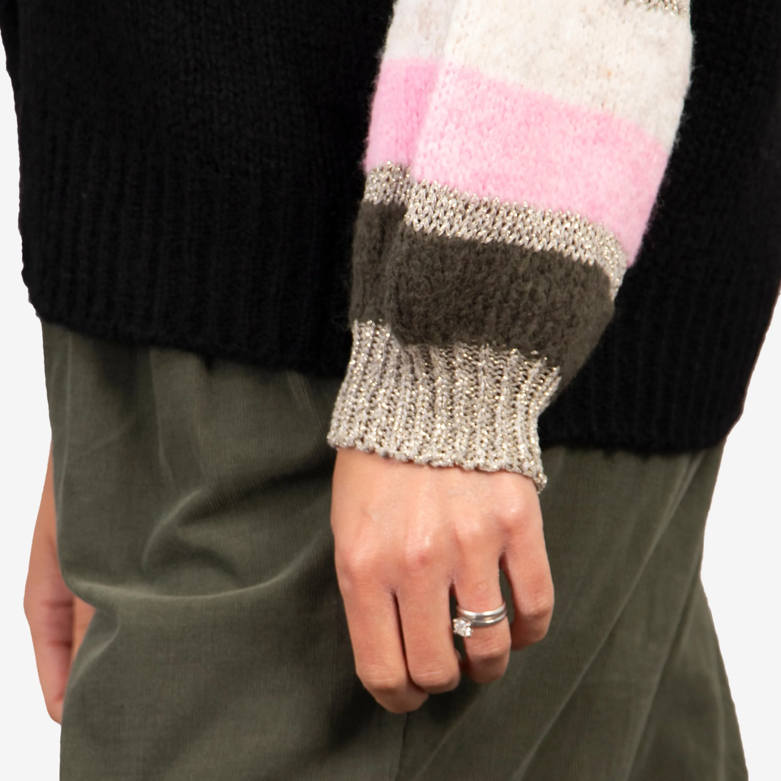 April Balloon Sleeve Cardigan - Black/Khaki, Colourblock