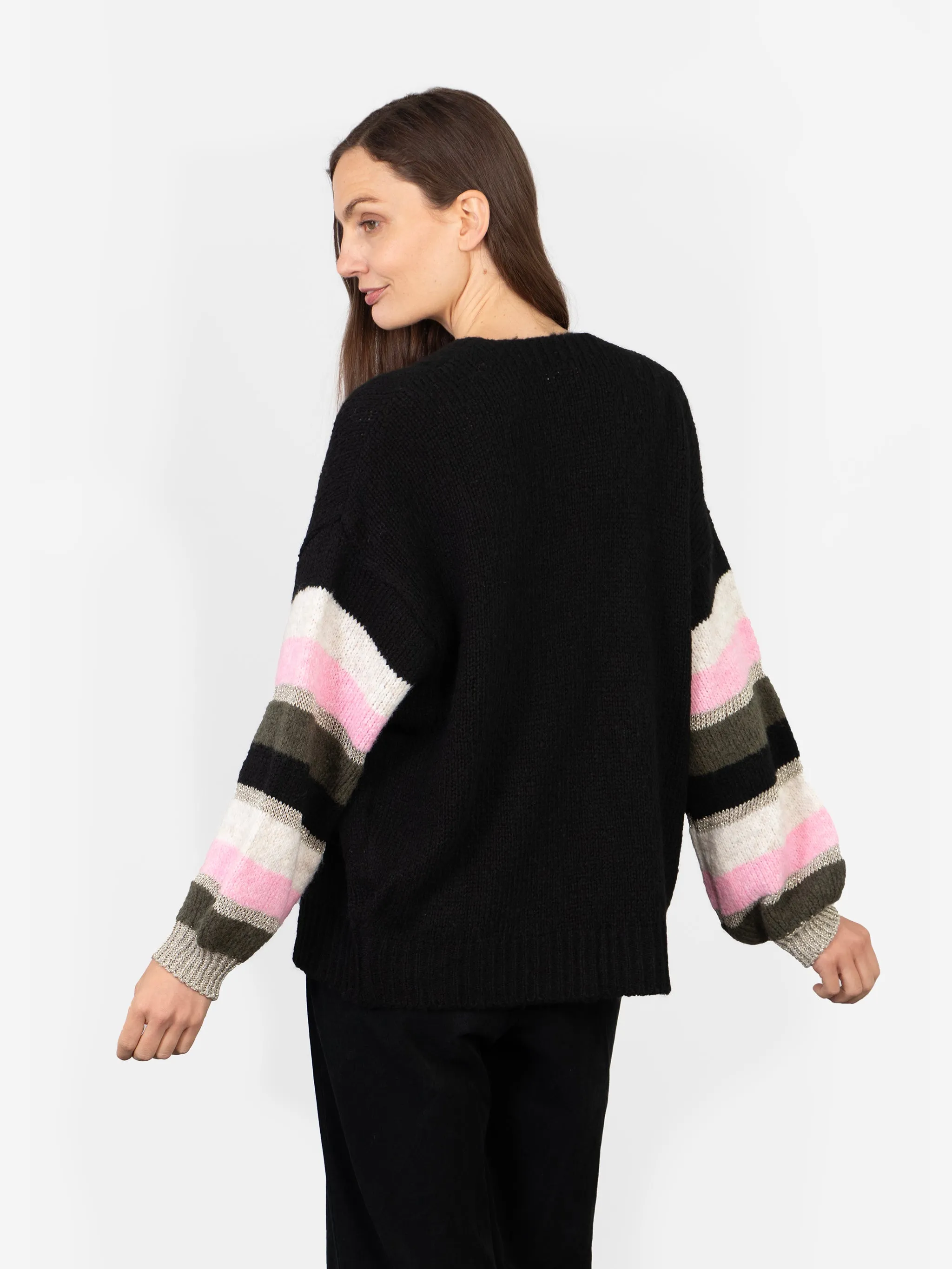 April Balloon Sleeve Cardigan - Black/Khaki, Colourblock