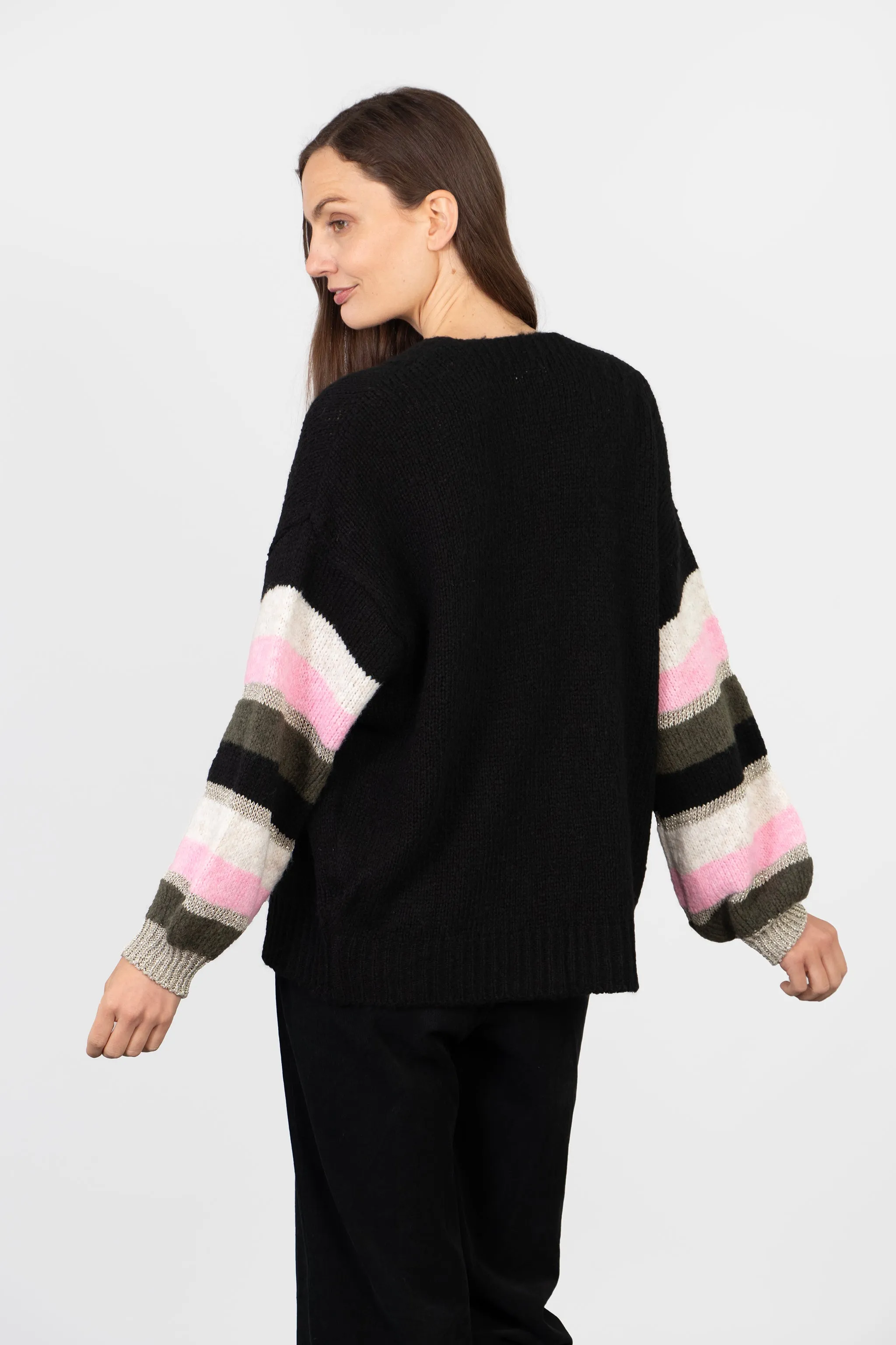 April Balloon Sleeve Cardigan - Black/Khaki, Colourblock