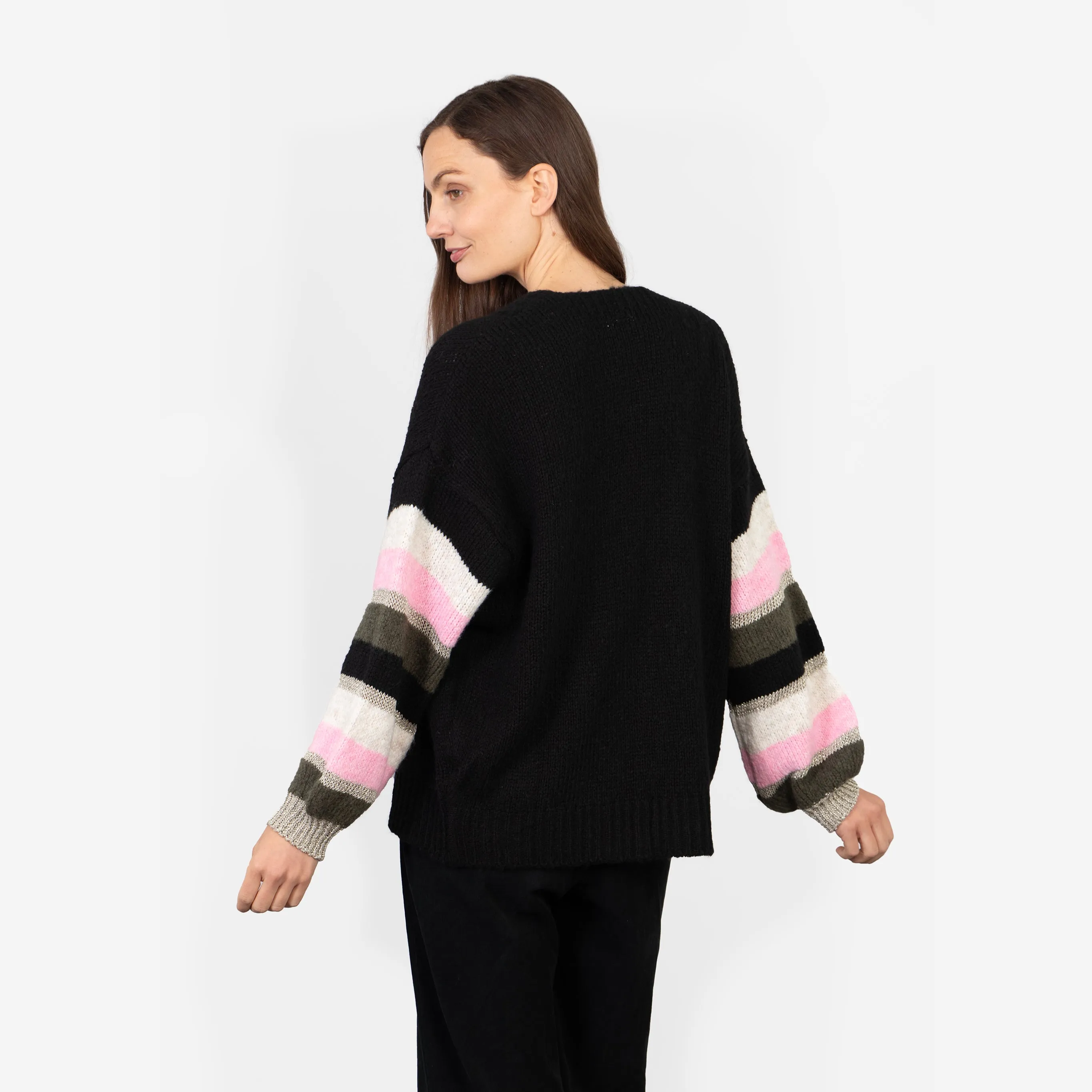 April Balloon Sleeve Cardigan - Black/Khaki, Colourblock